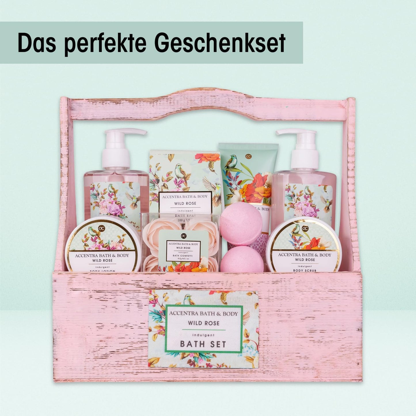 Accentra – Duschset Frauen Geschenkset im Holzkorb – 8-teiliges Pflegeset mit Duschgel, Bodylotion, Badezusätzen, Peeling & Handcreme – Wellness Geschenk Set