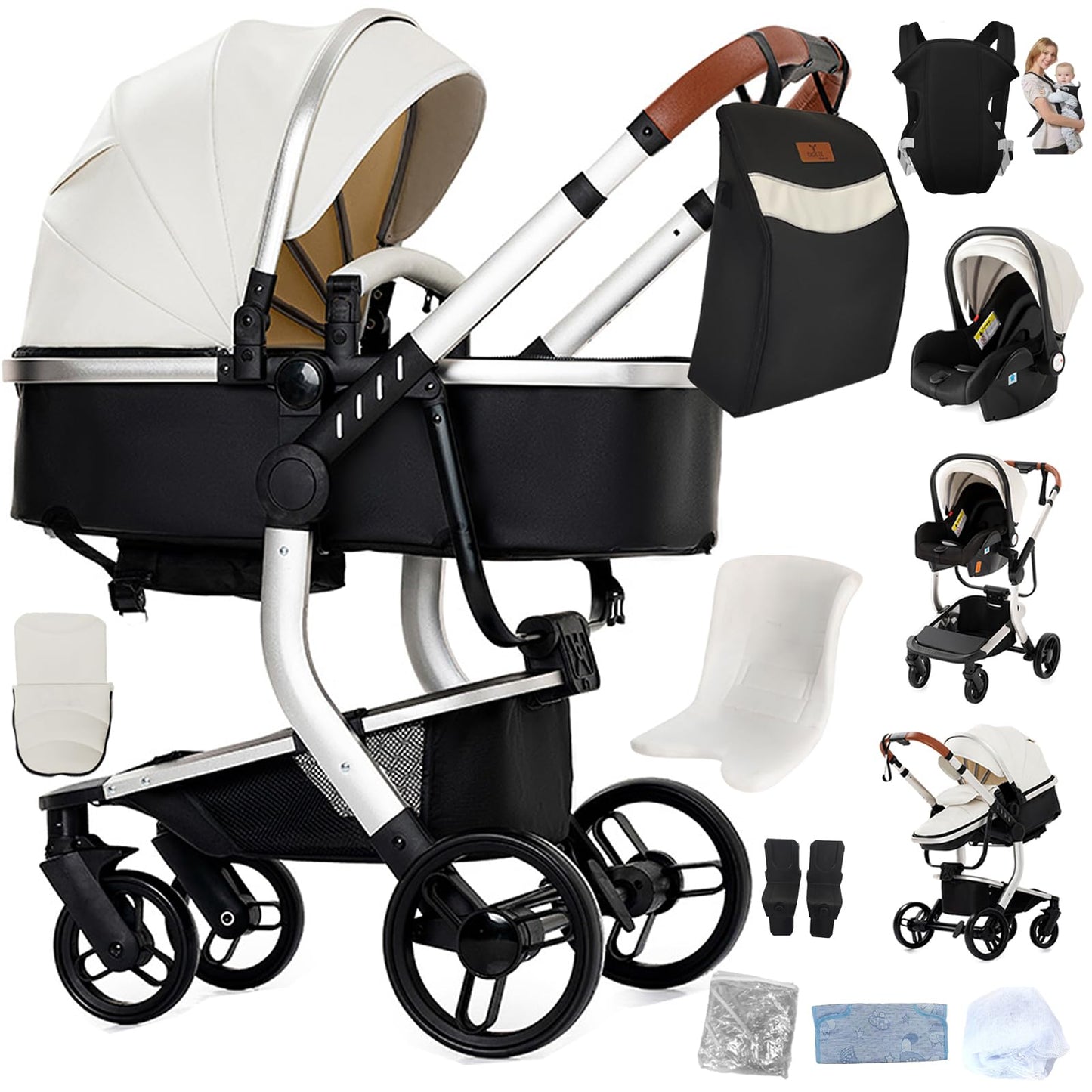 Reenborn 3-in-1 Pushchair, Buggy with Two Reversible Sliding Modes, Pushchair with Frame Aluminium Alloy, Baby Pram, 3-in-1 Complete Set with One-Click Folding Design