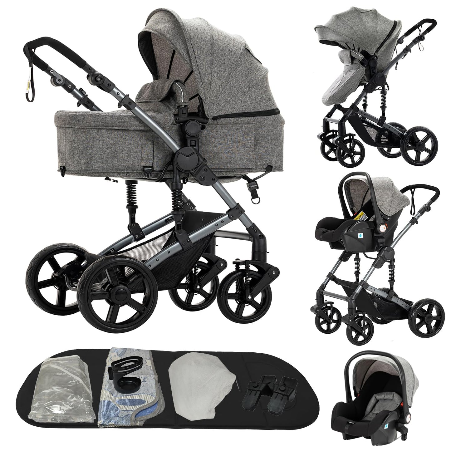 Reenborn 3-in-1 Pushchair, Buggy with Two Reversible Sliding Modes, Pushchair with Frame Aluminium Alloy, Baby Pram, 3-in-1 Complete Set with One-Click Folding Design