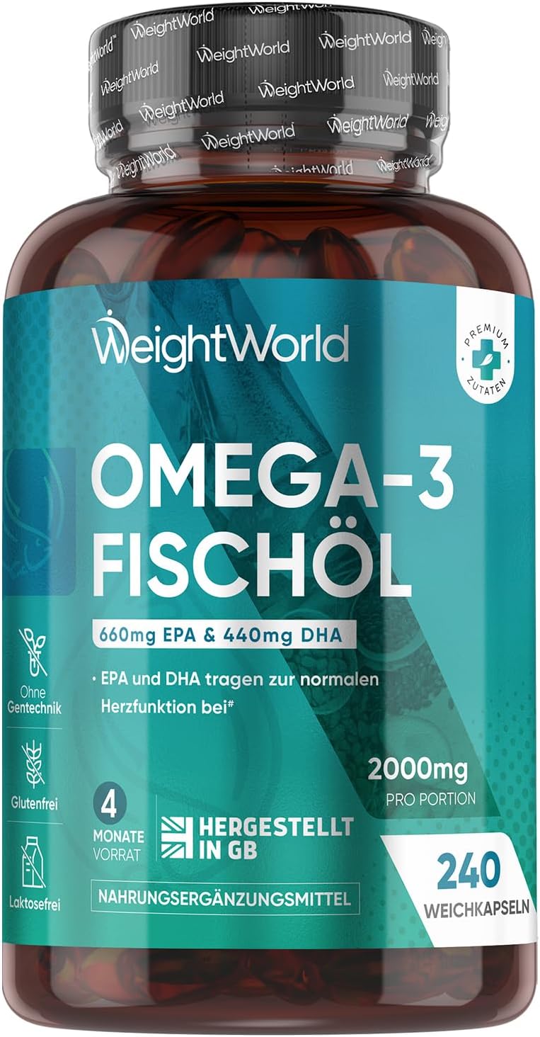 Omega 3 Weich-kapseln - 2000mg Fischöl mit 1100mg Omega-3, 660mg EPA & 440mg DHA pro Portion - 240 Softgels - EPA & DHA tragen zur normalen Herzfunktion bei (EFSA)