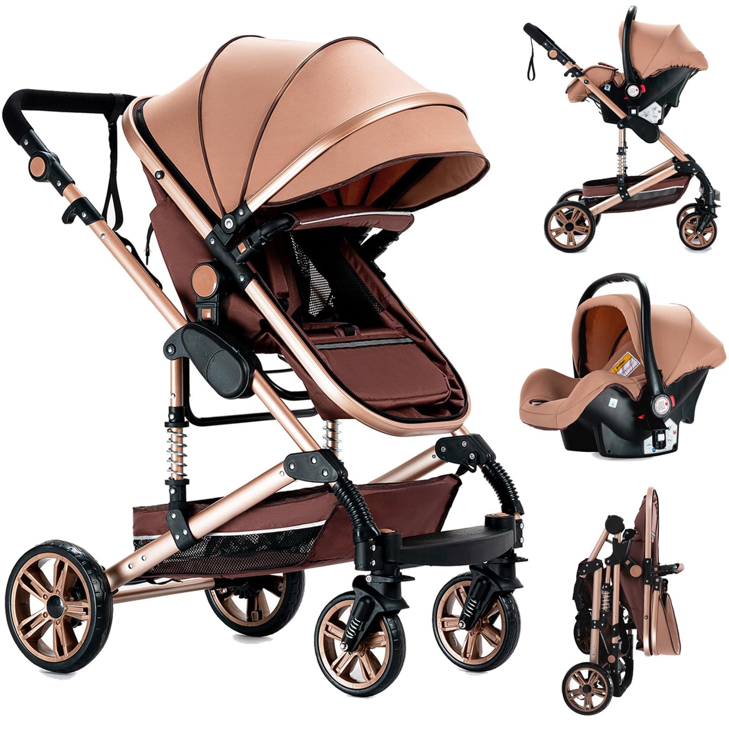 Reenborn 3-in-1 Pushchair, Buggy with Two Reversible Sliding Modes, Pushchair with Frame Aluminium Alloy, Baby Pram, 3-in-1 Complete Set with One-Click Folding Design