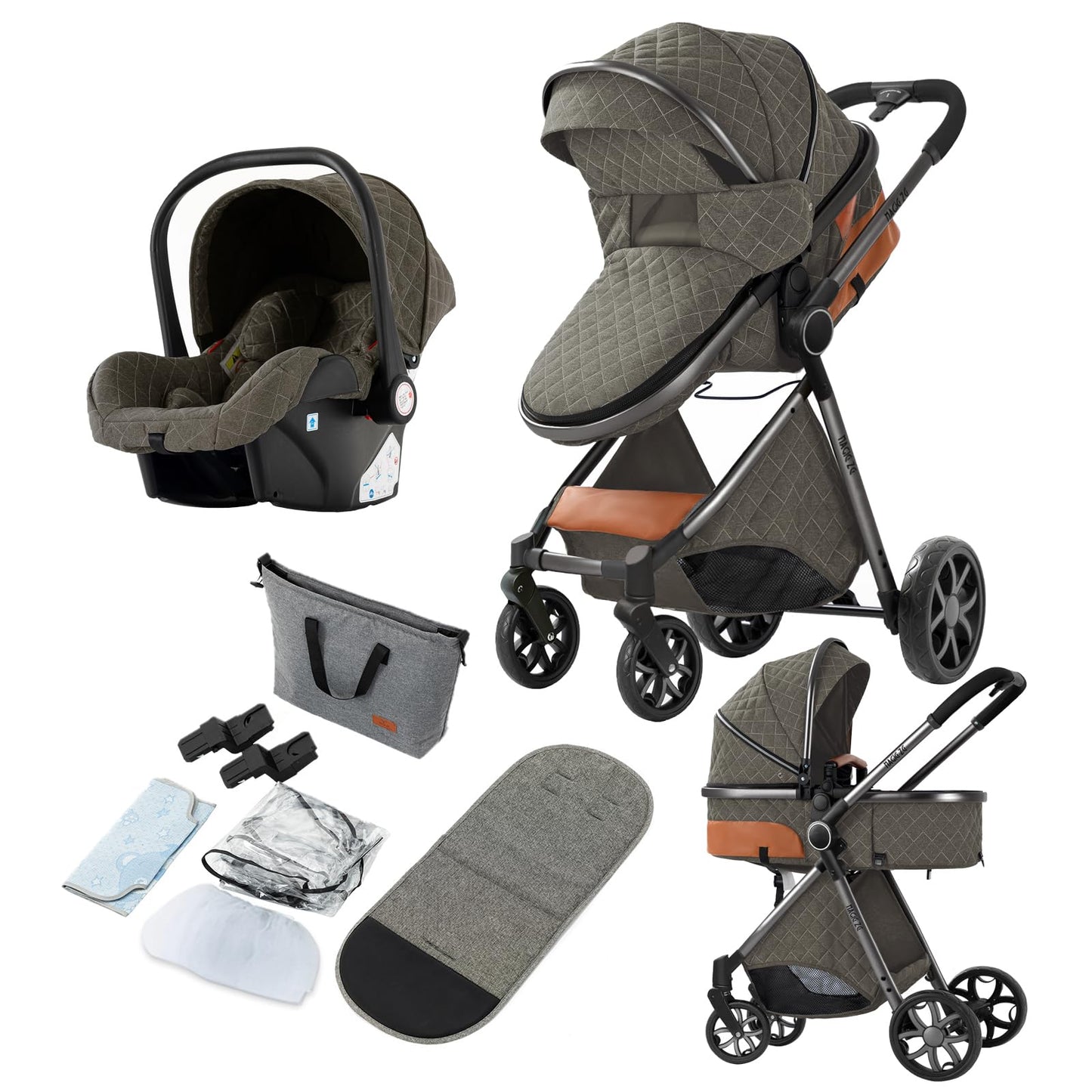 Reenborn 3-in-1 Pushchair, Buggy with Two Reversible Sliding Modes, Pushchair with Frame Aluminium Alloy, Baby Pram, 3-in-1 Complete Set with One-Click Folding Design