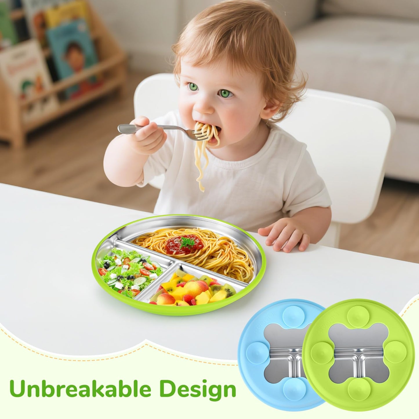 Geschirr Set 6 x Stainless Steel Baby Plates with Suction Cup, 2 Porridge Bowls Baby Bowl and 2 Spoon Forks