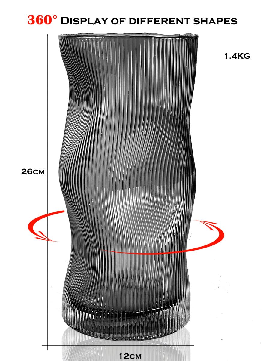 Black Grey Vase, Flower Vase, Large Tall Glass Vases for Decoration, Aesthetic, Large Glass Vase with Ribbed Texture, Modern Living Room, Black Art Decoration