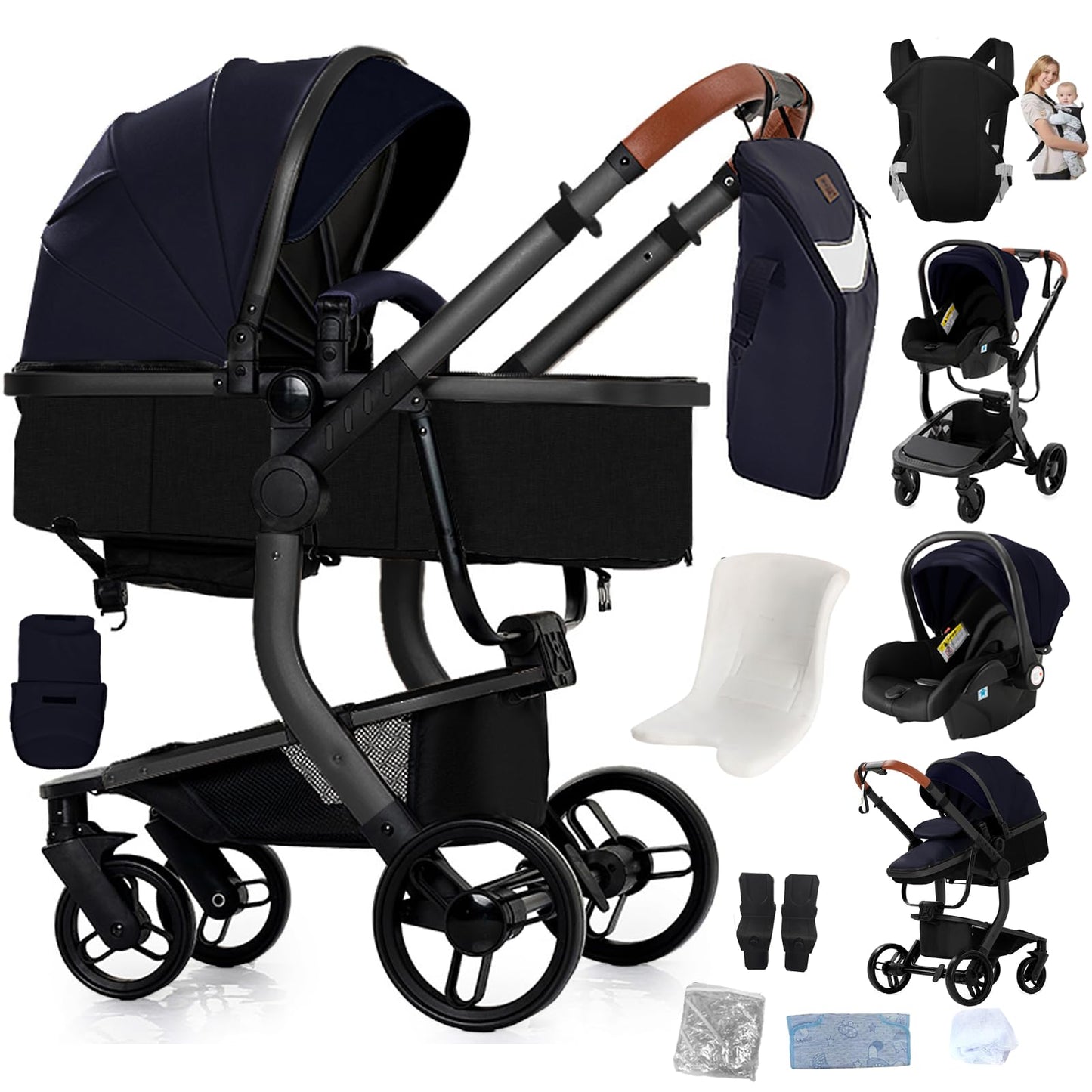 Reenborn 3-in-1 Pushchair, Buggy with Two Reversible Sliding Modes, Pushchair with Frame Aluminium Alloy, Baby Pram, 3-in-1 Complete Set with One-Click Folding Design