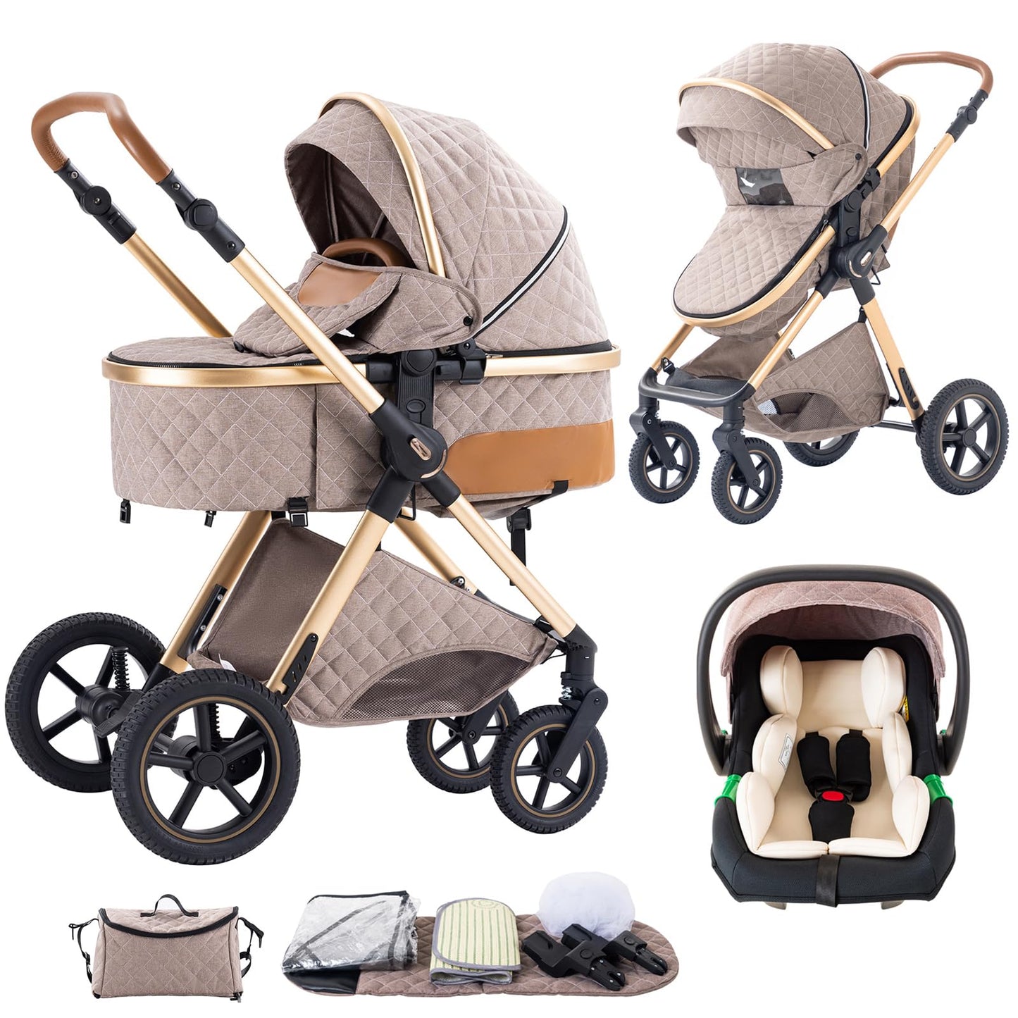 Shineey 3-in-1 Pushchair, Buggy, Foldable Pushchair Set, Combination Pushchair 3-in-1 with Large Comfortable Baby Carrycot Frame, Aluminium Alloy