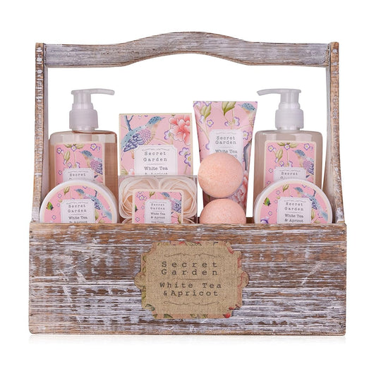 Accentra – Duschset Frauen Geschenkset im Holzkorb – 8-teiliges Pflegeset mit Duschgel, Bodylotion, Badezusätzen, Peeling & Handcreme – Wellness Geschenk Set