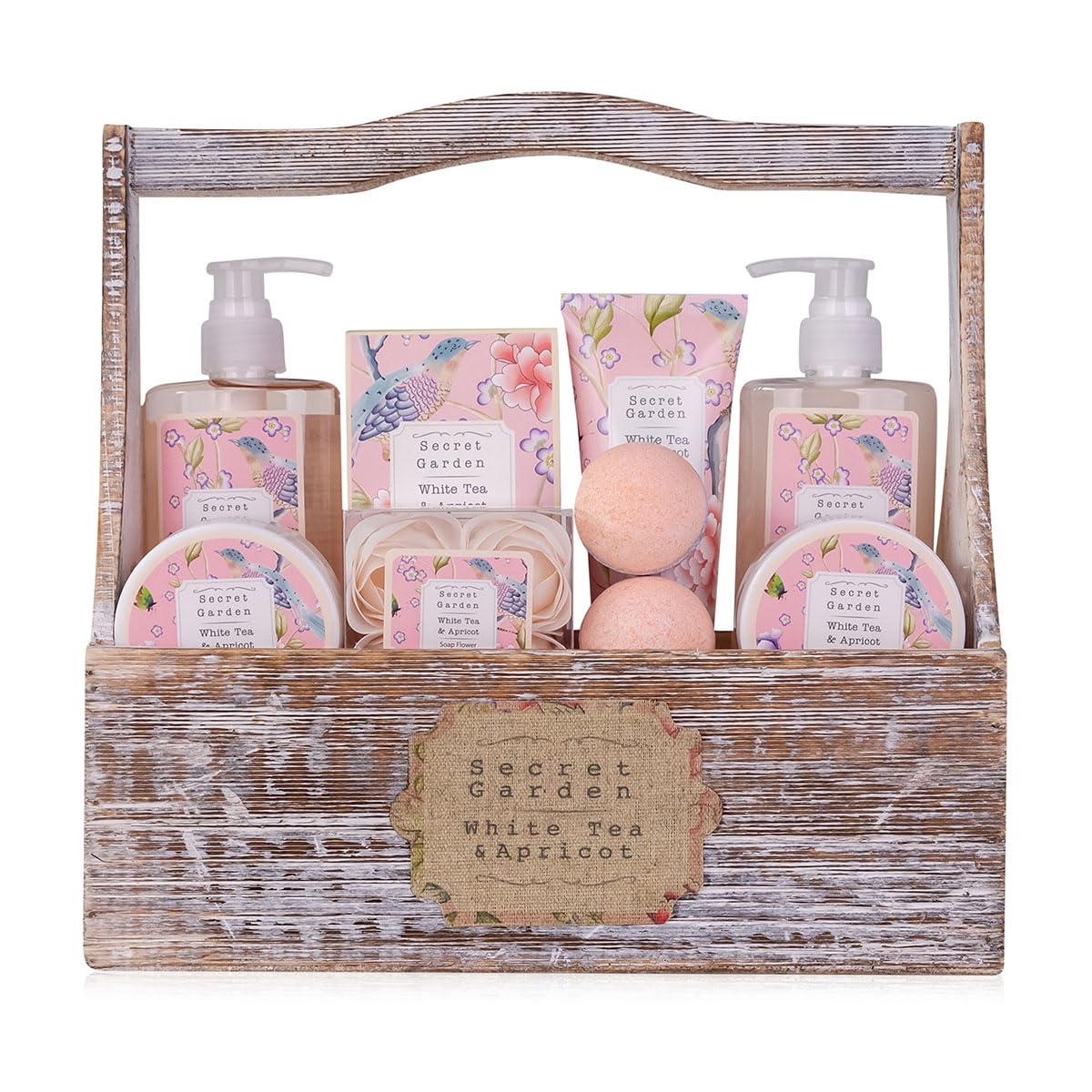 Accentra – Duschset Frauen Geschenkset im Holzkorb – 8-teiliges Pflegeset mit Duschgel, Bodylotion, Badezusätzen, Peeling & Handcreme – Wellness Geschenk Set