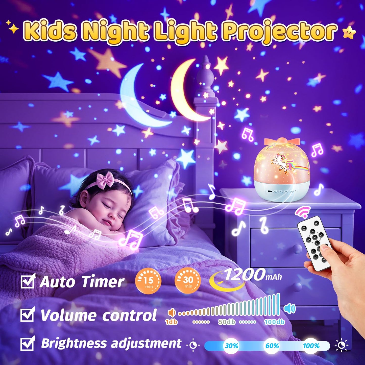 Sternenhimmel Projektor Kinder mit 15 Film, Nachtlicht Baby,Bluetooth,LED Projektor Sternenhimmel Nachttischlampe Kinder