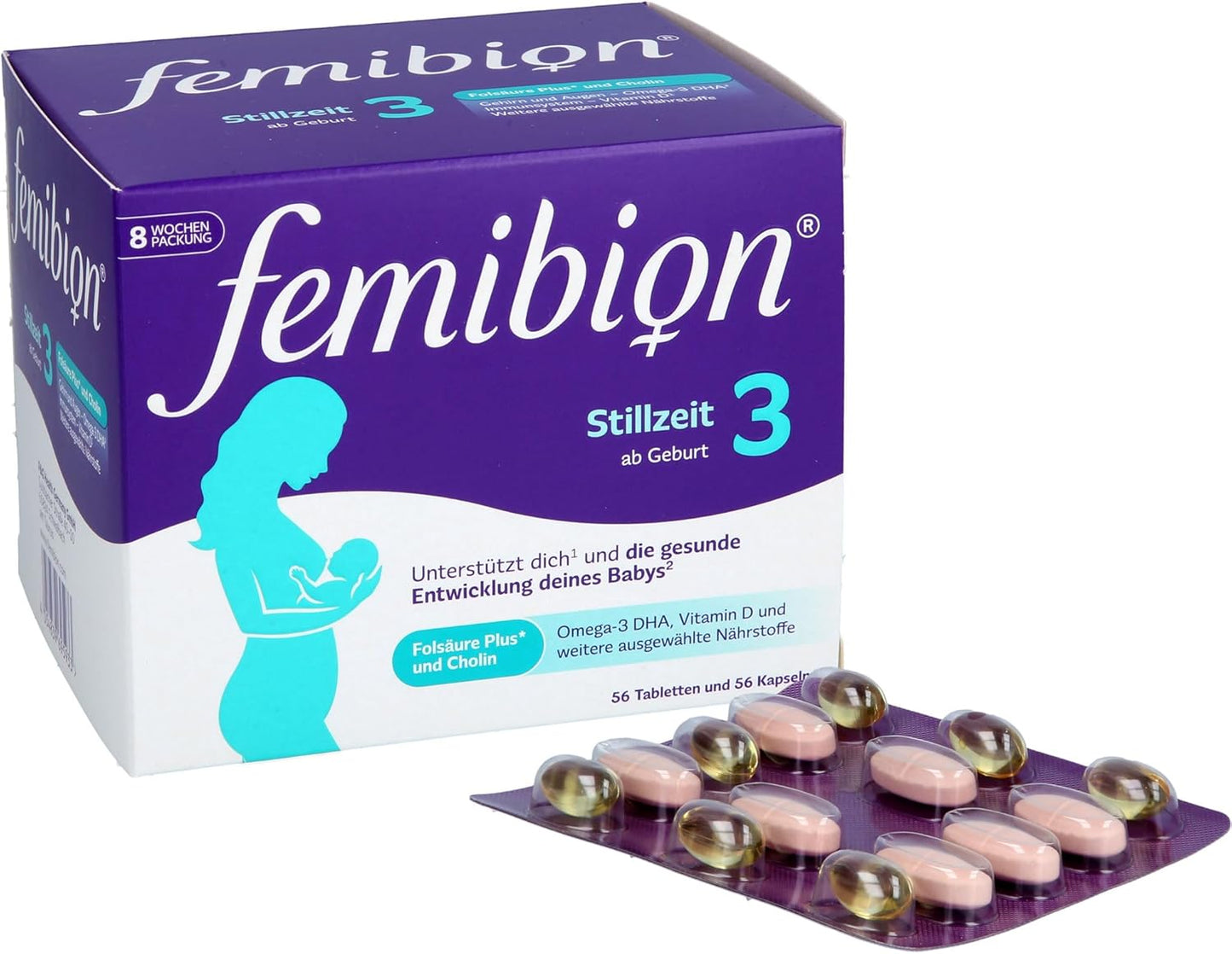 Femibion 3 Stillzeit, Tägliches Nahrungsergänzung für die Laktation, Mit Cholin, DHA, Folsäure, Metafolin, 8-Wochen-Pack, 2 x 56 Stück