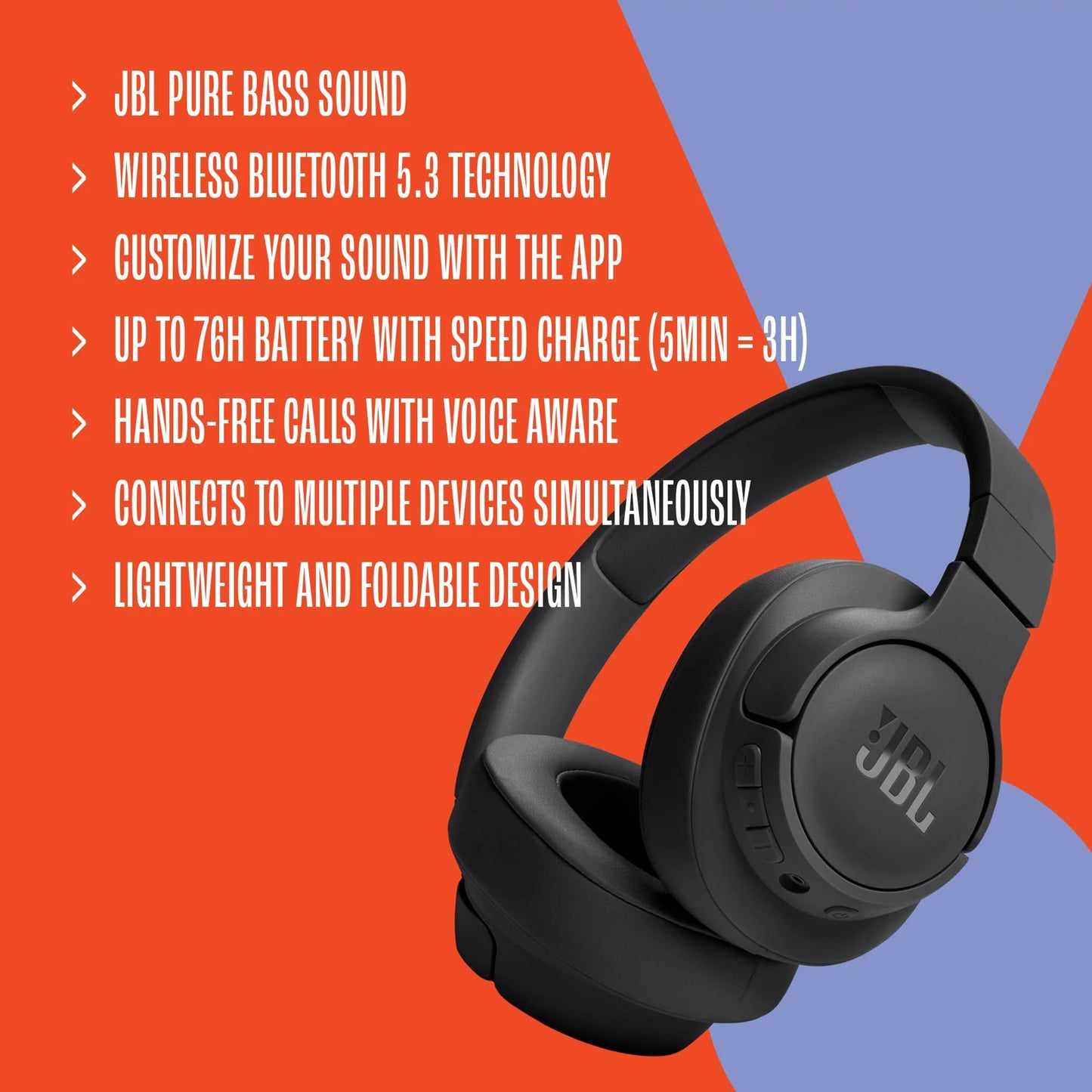 JBL Tune 720BT Wireless On-Ear Headphones – JBL Pure Bass Sound, Bluetooth and Lightweight – Up to 76 Hours of Music Playback – Black