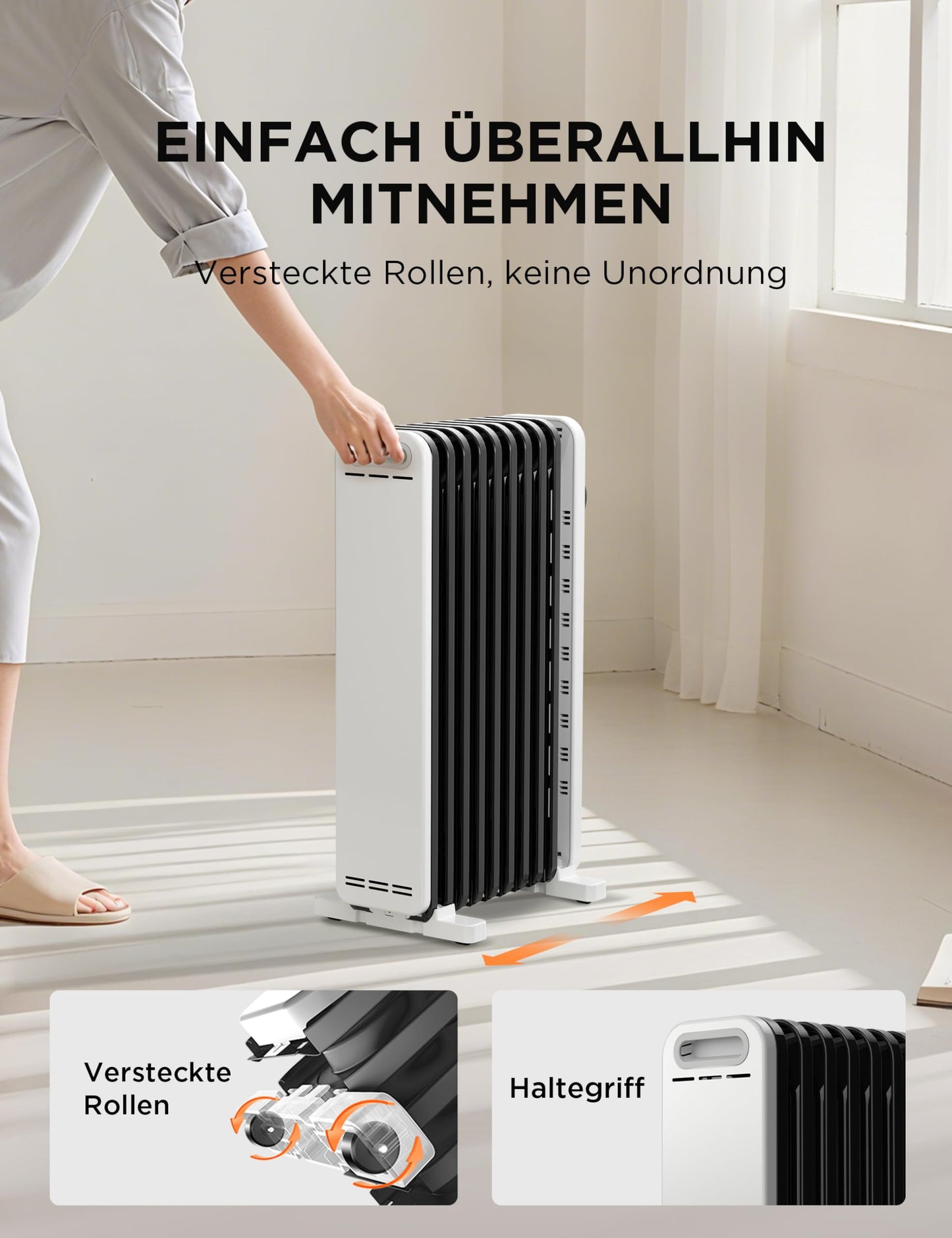 2300W 11 Rippen tragbarer Elektroheizer mit Drehknopfregelung und einstellbarem Thermostat, 3 Heizstufen, Kipp- und Überhitzungsschutz, ultra-leise im Büro & Zuhause