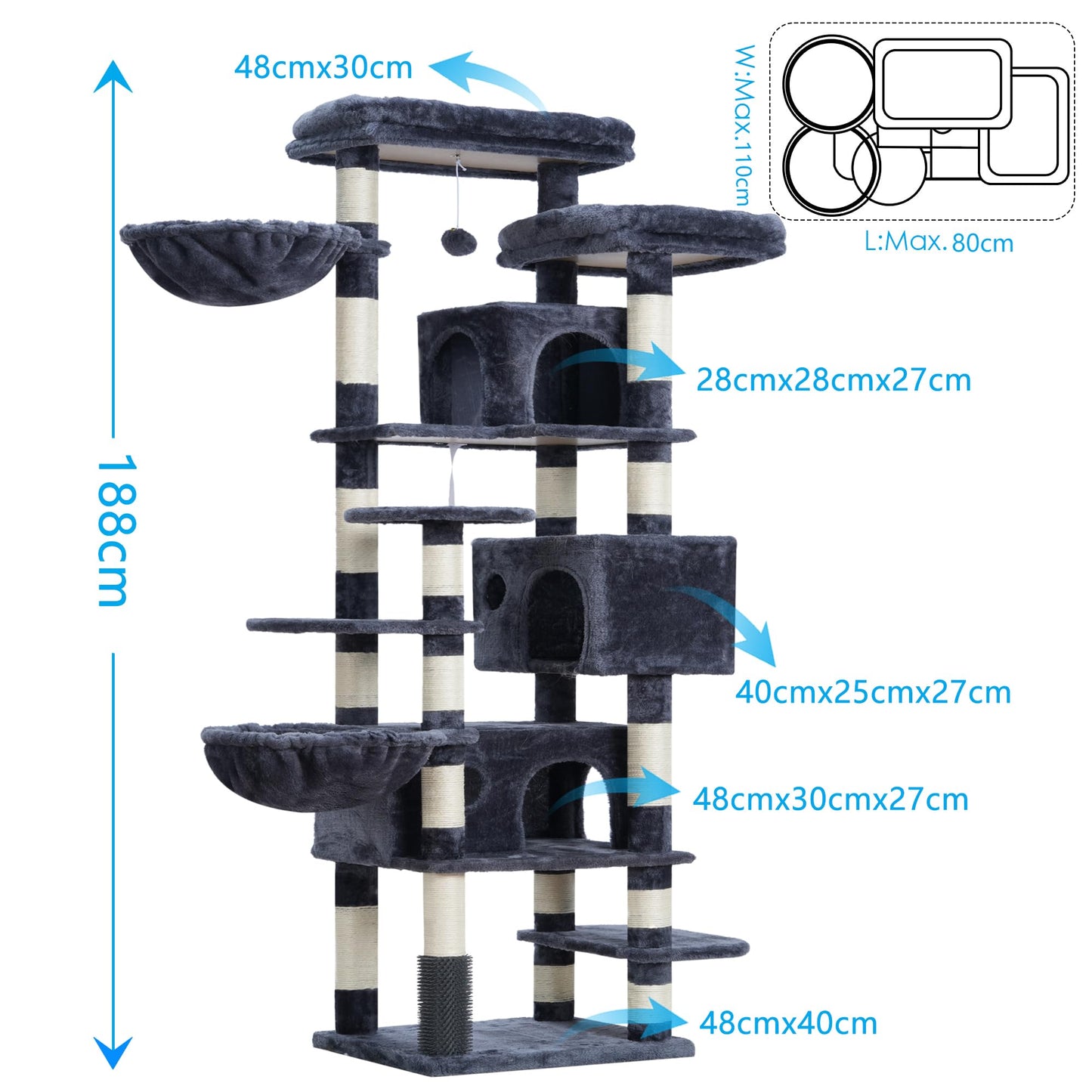 XXL Kratzbaum mit 2 groß Plattform, 3 Höhlen, 2 Korb, Plüschbälle und Sisal Kratzbäume