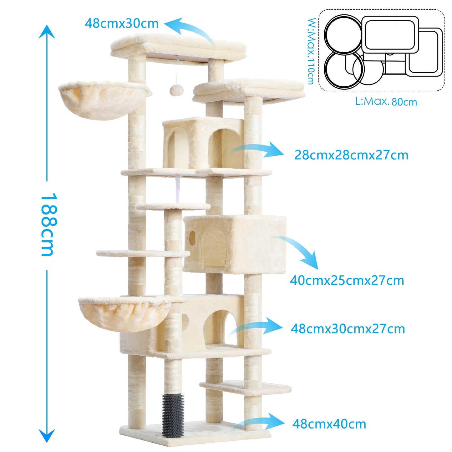 XXL Kratzbaum mit 2 groß Plattform, 3 Höhlen, 2 Korb, Plüschbälle und Sisal Kratzbäume