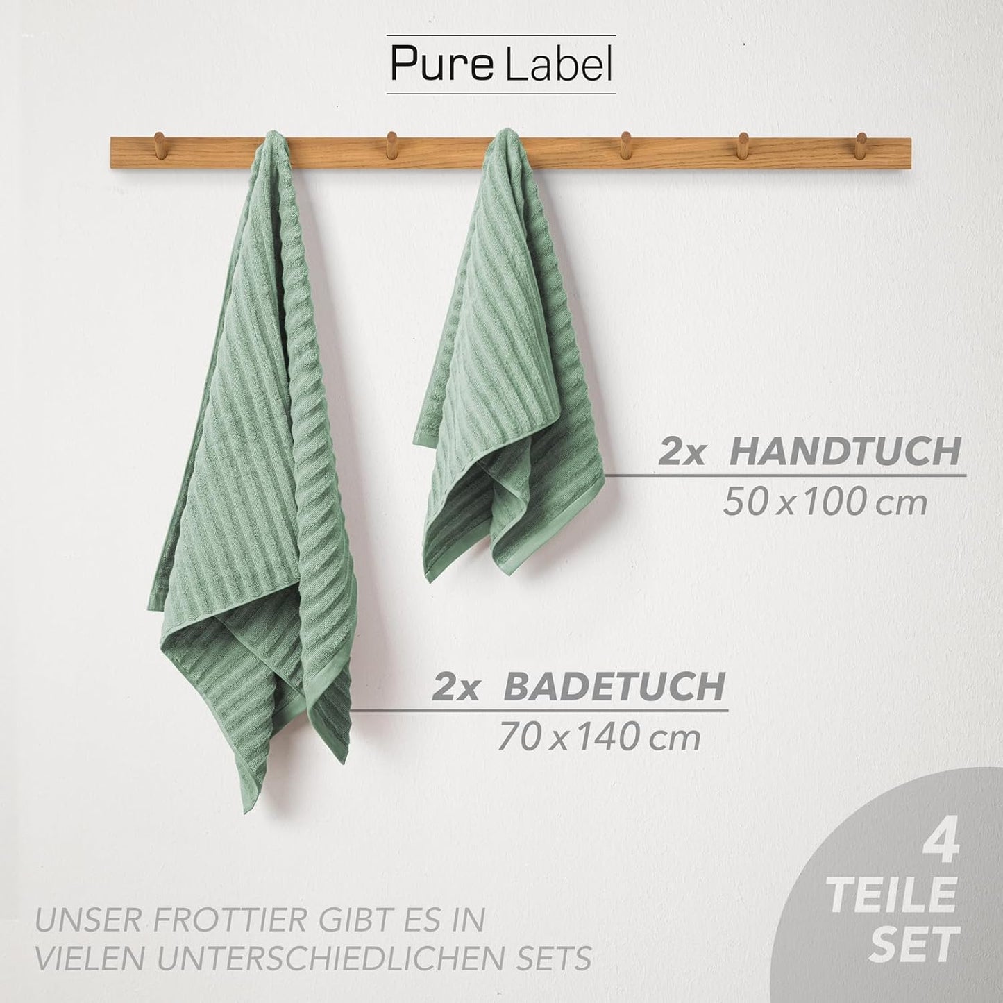 Pure Label 6-Piece Hand Towel Set with Hanging Loops Made of 100% Cotton, Absorbent and Soft, 2 x Bath Towels (70 x 140 cm), 2 x Hand Towels (50 x 100 cm), 2 x Guest Towels (30 x 50 cm),