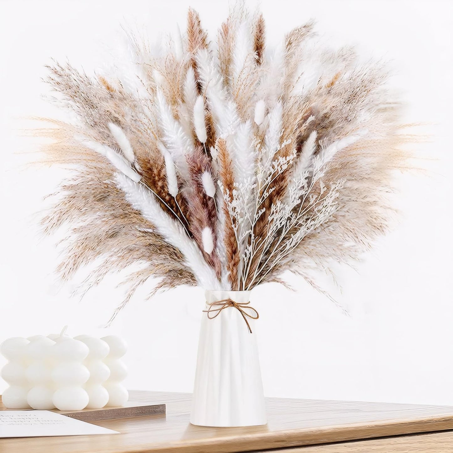Dried Pampas Grass 60 Pieces Natural Dried Flowers Decoration, Bouquet Reed Flower Decoration for Living Room Bedroom