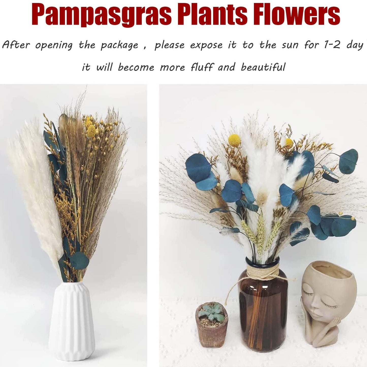 Dried Pampas Grass 60 Pieces Natural Dried Flowers Decoration, Bouquet Reed Flower Decoration for Living Room Bedroom