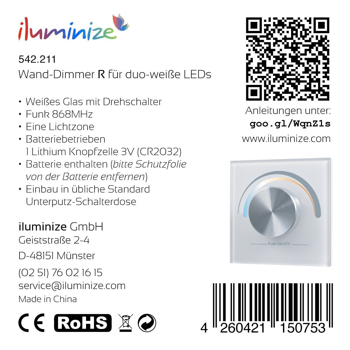 iluminize Wand-Dimmer Funk: mit Drehknopf, für weiße LEDs