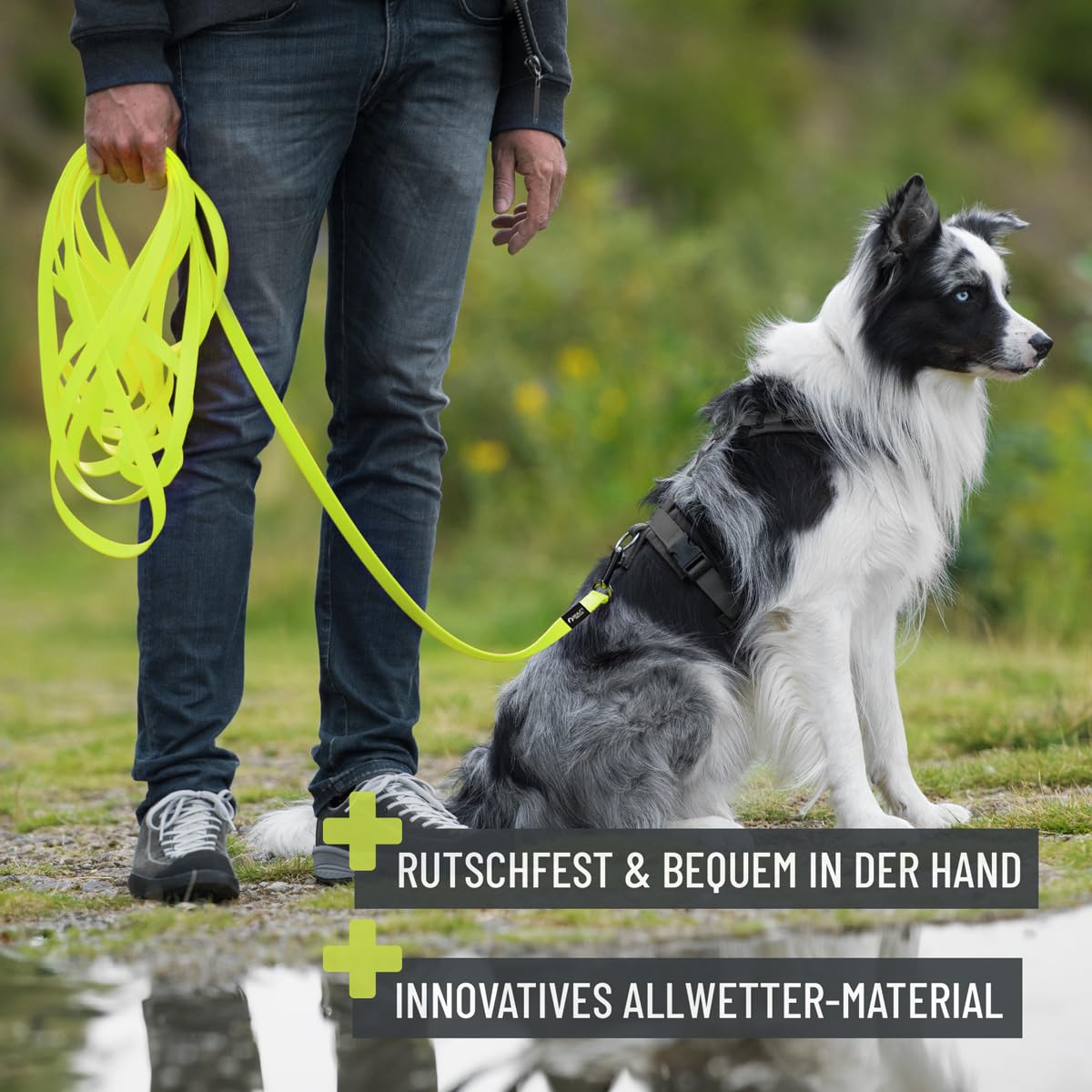 Schleppleine für Hunde 5 Meter, Schwarz I Robuste & wasserfeste Hundeleine lang I Übungsleine mit Griff