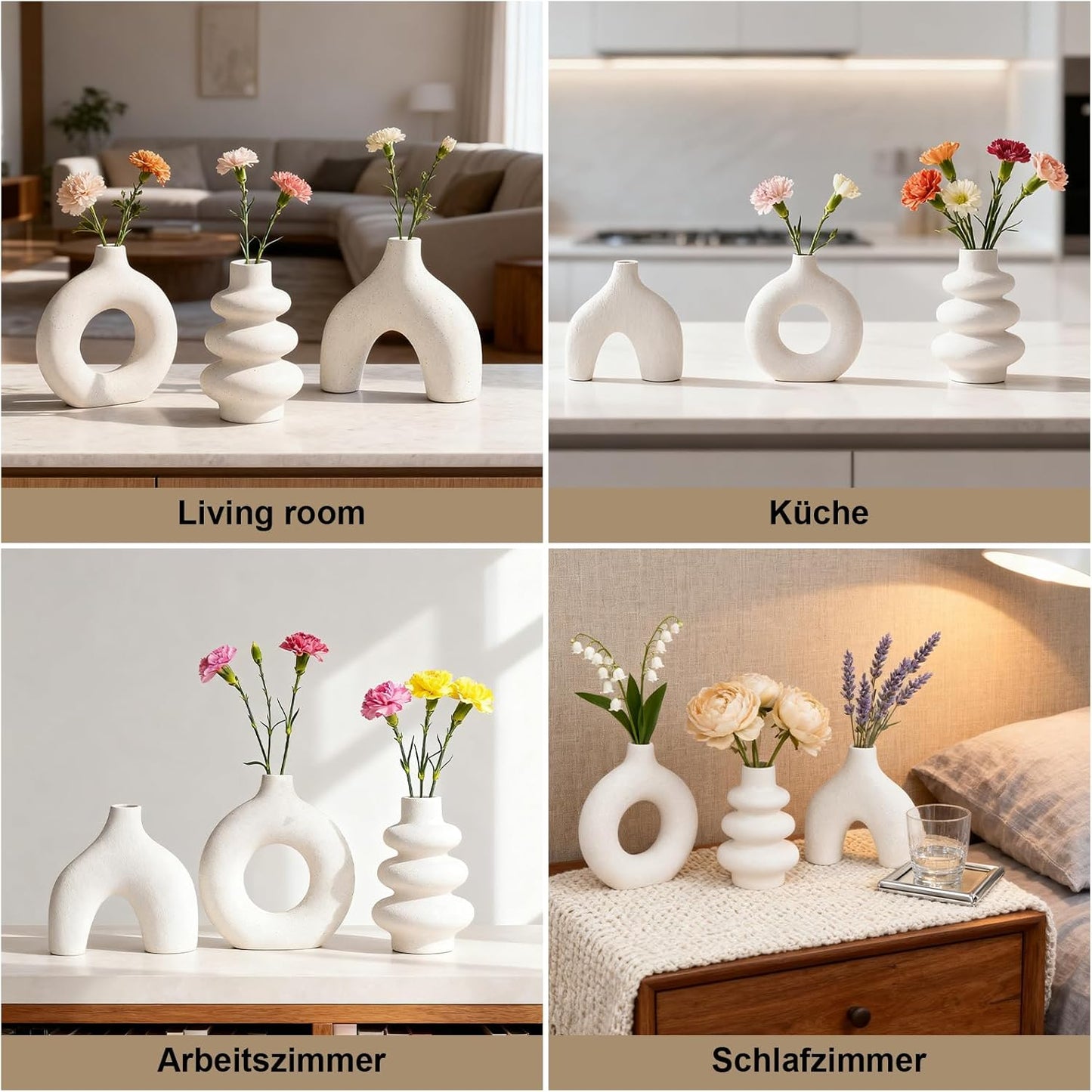 Vankarr Weiße Keramikvase Satz von 3, kleine Trockenblumen Vasen für Pampasgras, handgemachte Vase,Moderne Boho Vasen für Wohnungsdeko Hochzeit Dekor