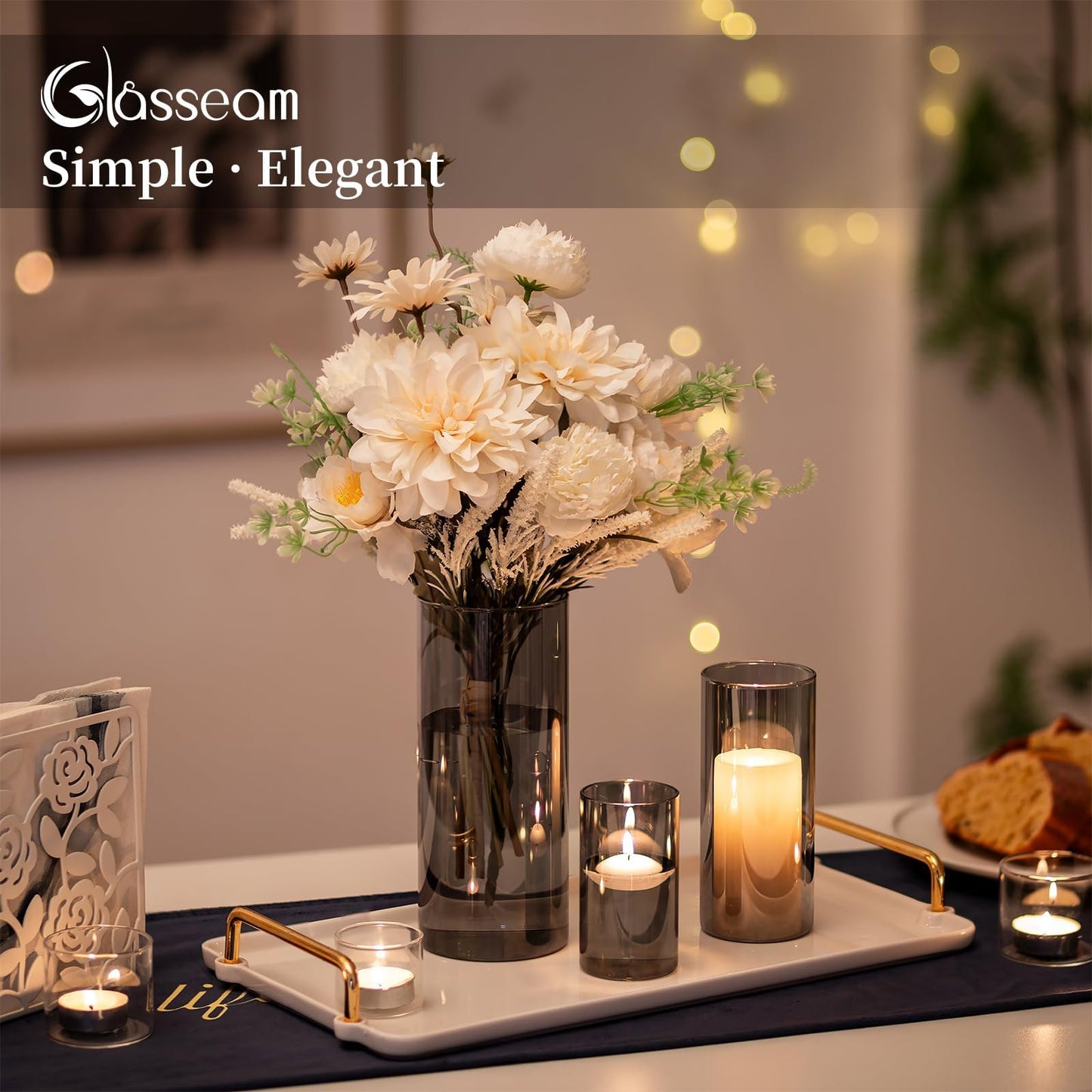 Glasseam Glass Vase Cylinder Vase Grey: Set of 3 Glass Vases Set for Living Room Decorative Glass Cylinder Lantern - Round Flower Vase Modern Glass Vases for Table Decoration Tulips Pampas Grass