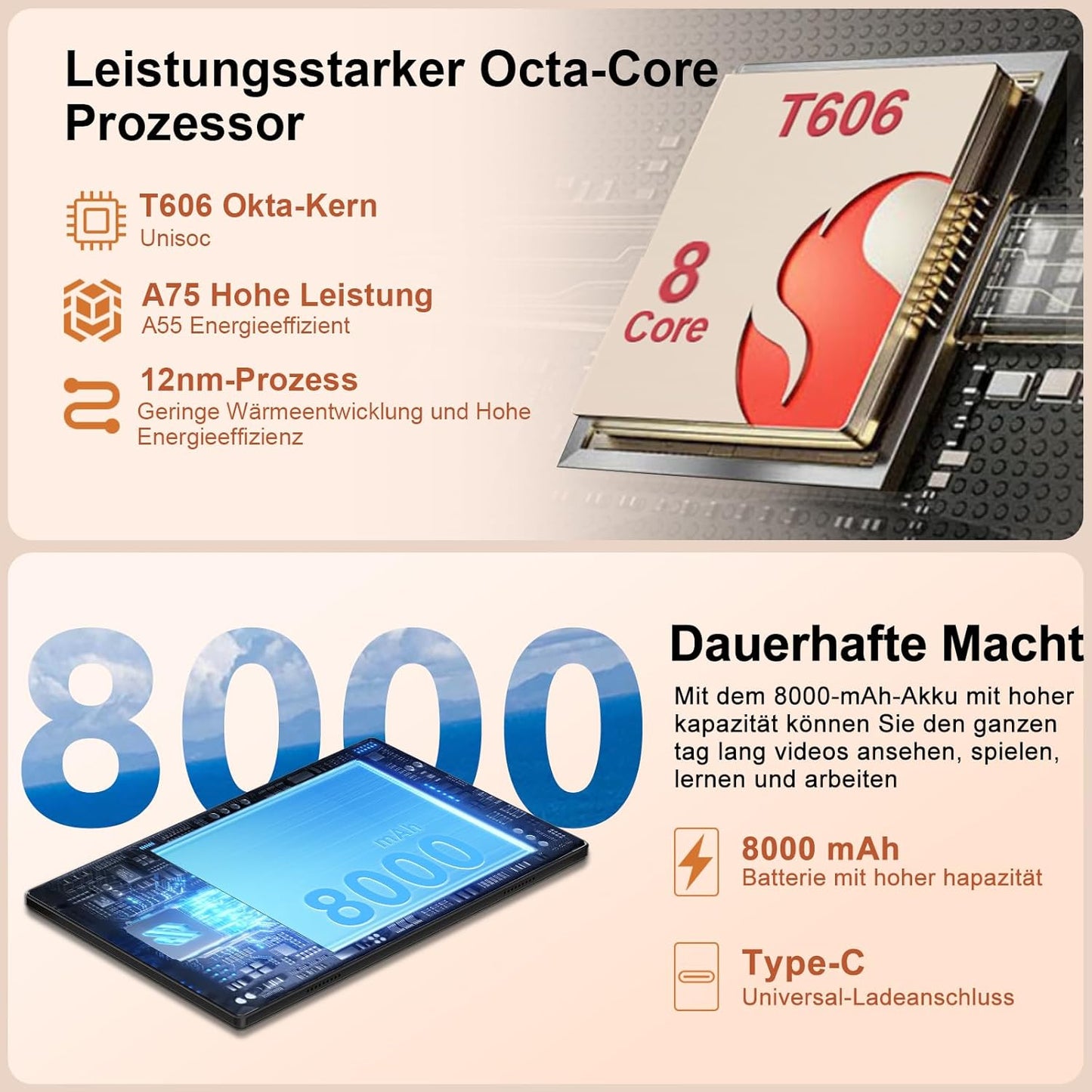 Tablet 10 Zoll Android 14, 22GB RAM 128GB ROM/TF 1TB, Octa-Core Prozessor, 8000mAh, BT5.0, 8MP+5MP, Dual WLAN, Face ID, Widevine L1, Augenschutz, Tablet mit Tastatur & Maus Metallkörper-Schwarz
