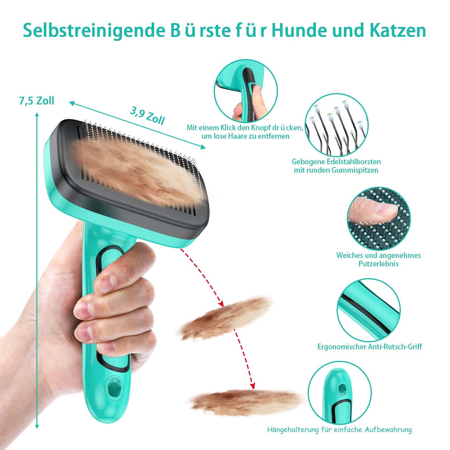 Hundebürste für Hunde und Katzen, selbstreinigend, Katzenbürste für Unterwolle und loses Fell