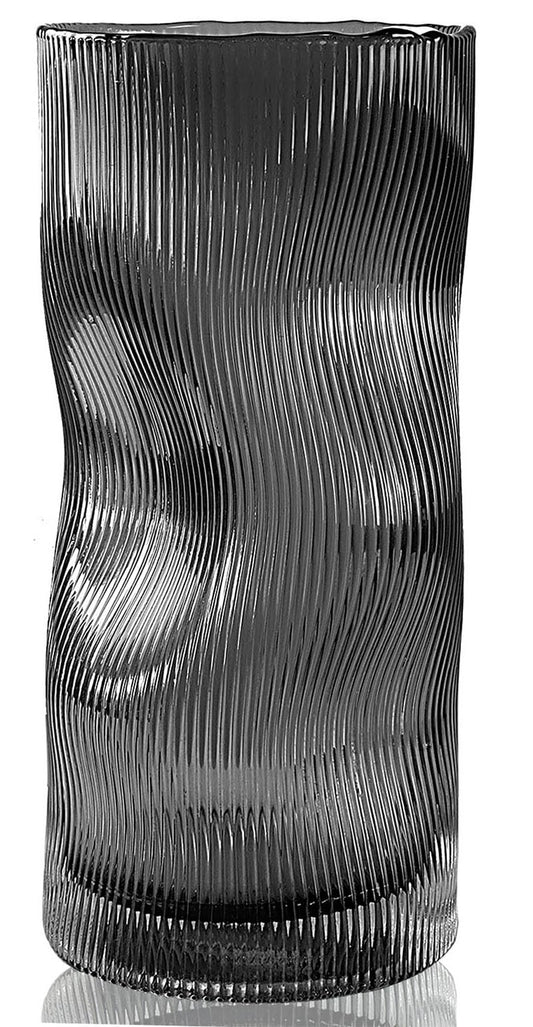 Black Grey Vase, Flower Vase, Large Tall Glass Vases for Decoration, Aesthetic, Large Glass Vase with Ribbed Texture, Modern Living Room, Black Art Decoration