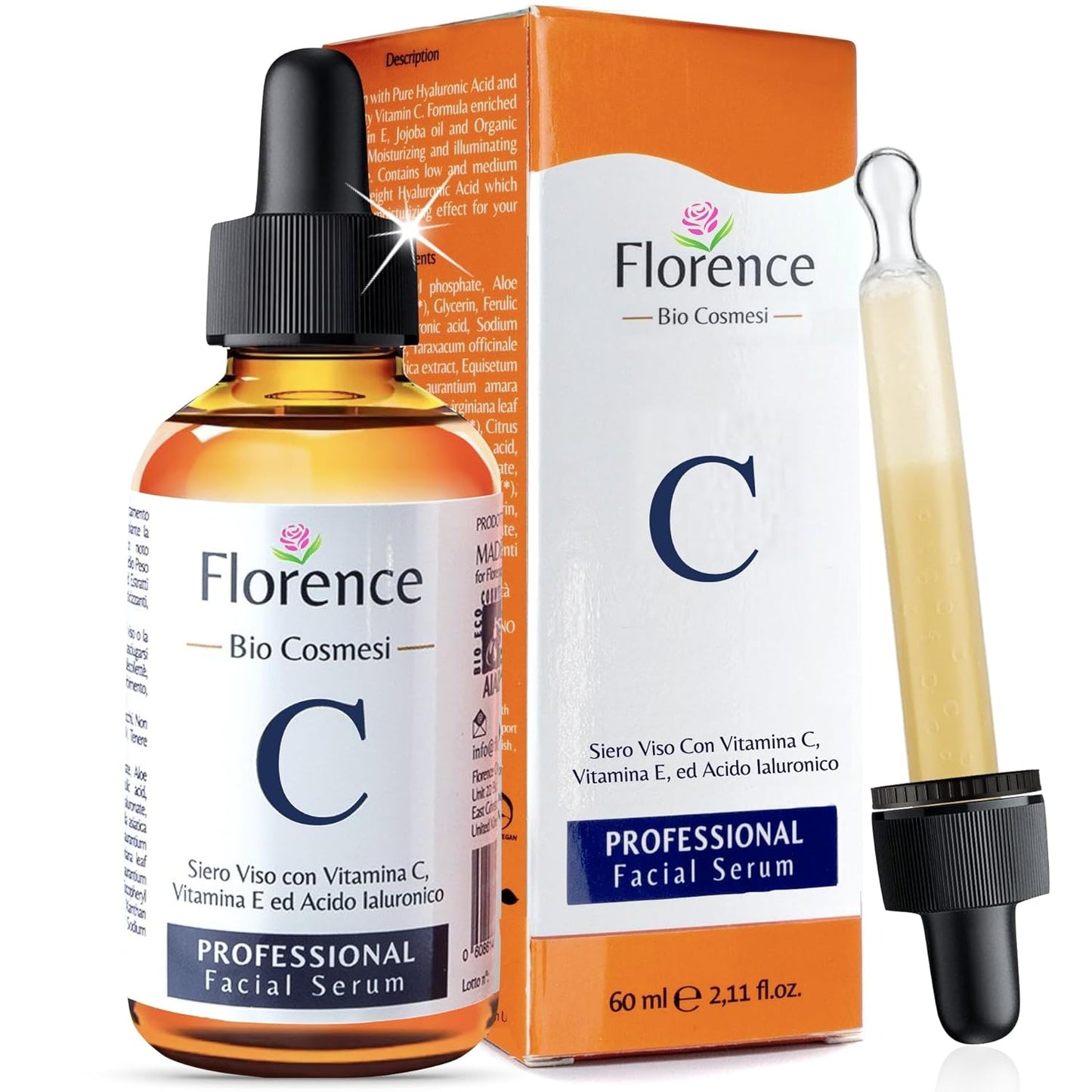 Serum mit Vitamin C 60ml Bio Hyaluron, E. Hochkonzentriert Anti-Falten, Anti-Aging & Dunkle-Flecken. Hyaluronsäure-Gesichtsserum