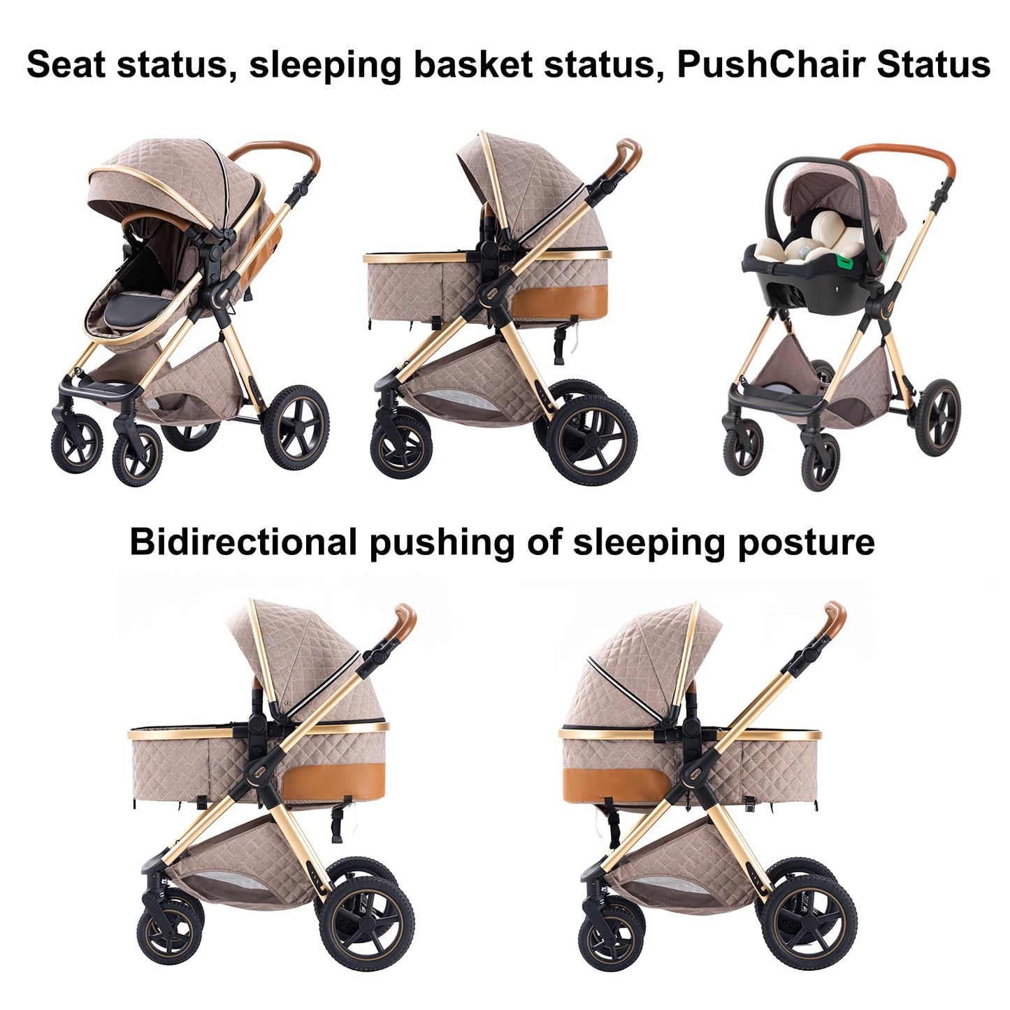 Shineey 3-in-1 Pushchair, Buggy, Foldable Pushchair Set, Combination Pushchair 3-in-1 with Large Comfortable Baby Carrycot Frame, Aluminium Alloy