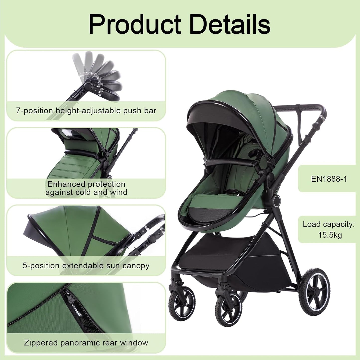 3-in-1 Pram Set with Seat, Baby Bed is Foldable, Adjustable Reclining Position,up to 15 kg, 0-3 Years