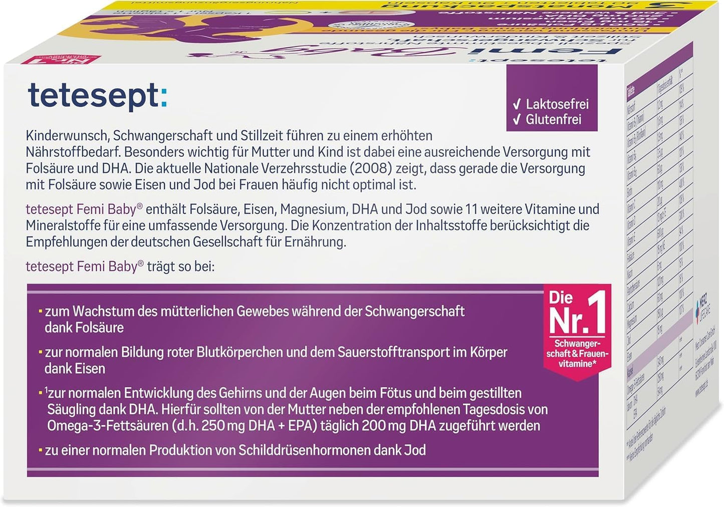 Tetesept Femi Baby - 16 Nutrients for Desiring Children, Pregnancy & Breastfeeding - with Folic Acid, Iron, Iodine + DHA - 1 x 3 Month Pack of 90 Tablets + 90 Capsules