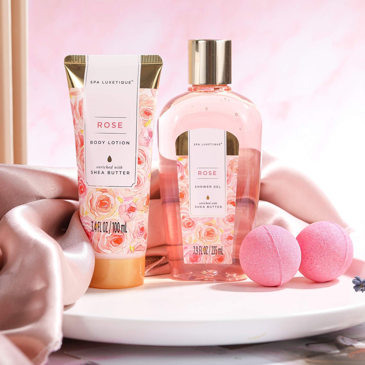 SPA LUXETIQUE Wellness Set für Frauen - 8tlg Rosenduft Bade Geschenkset für Frauen, Geburtstagsgeschenk Beauty Set mit Deko Badewanne