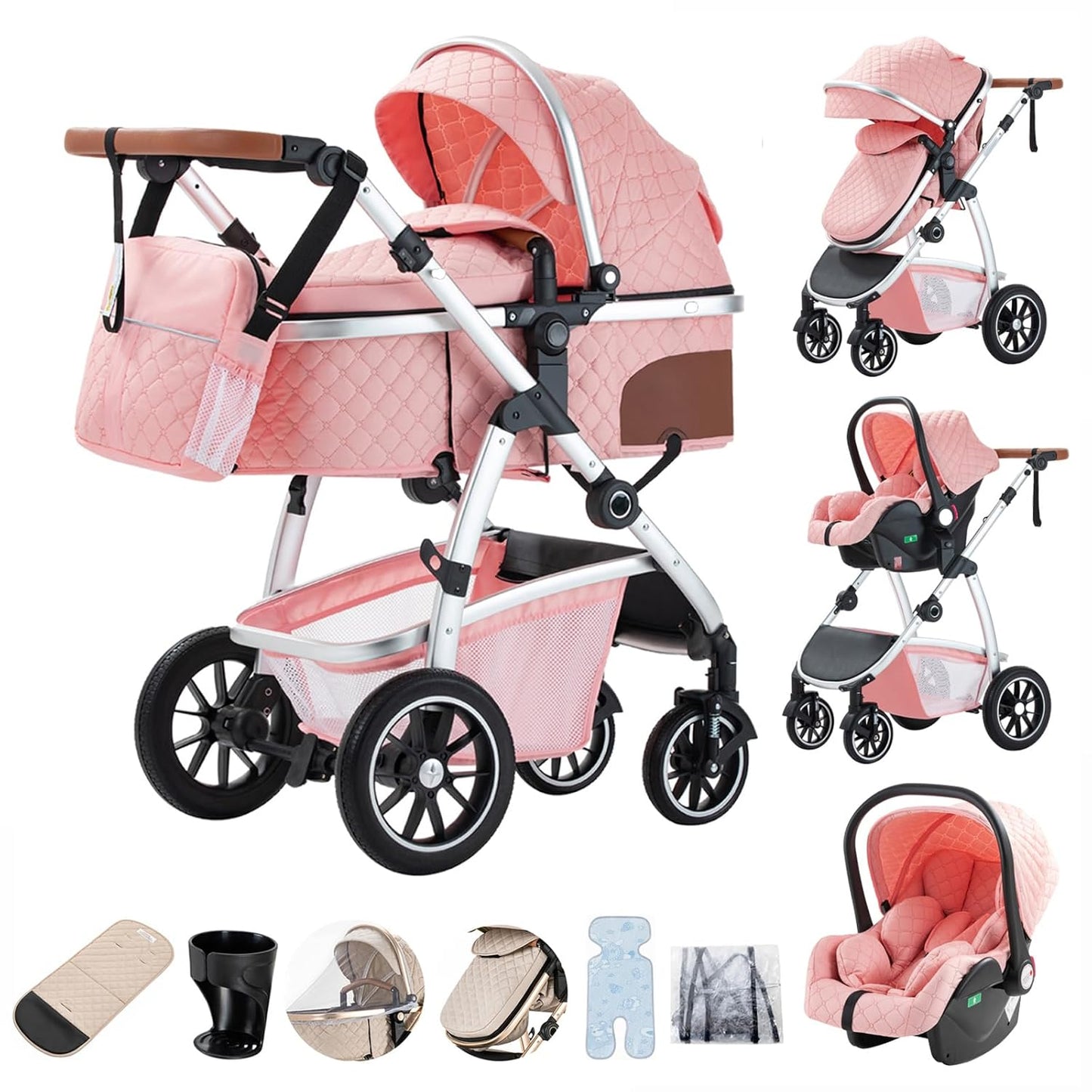 3-in-1 Pram Set with Seat, Baby Bed is Foldable, Adjustable Reclining Position,up to 15 kg, 0-3 Years
