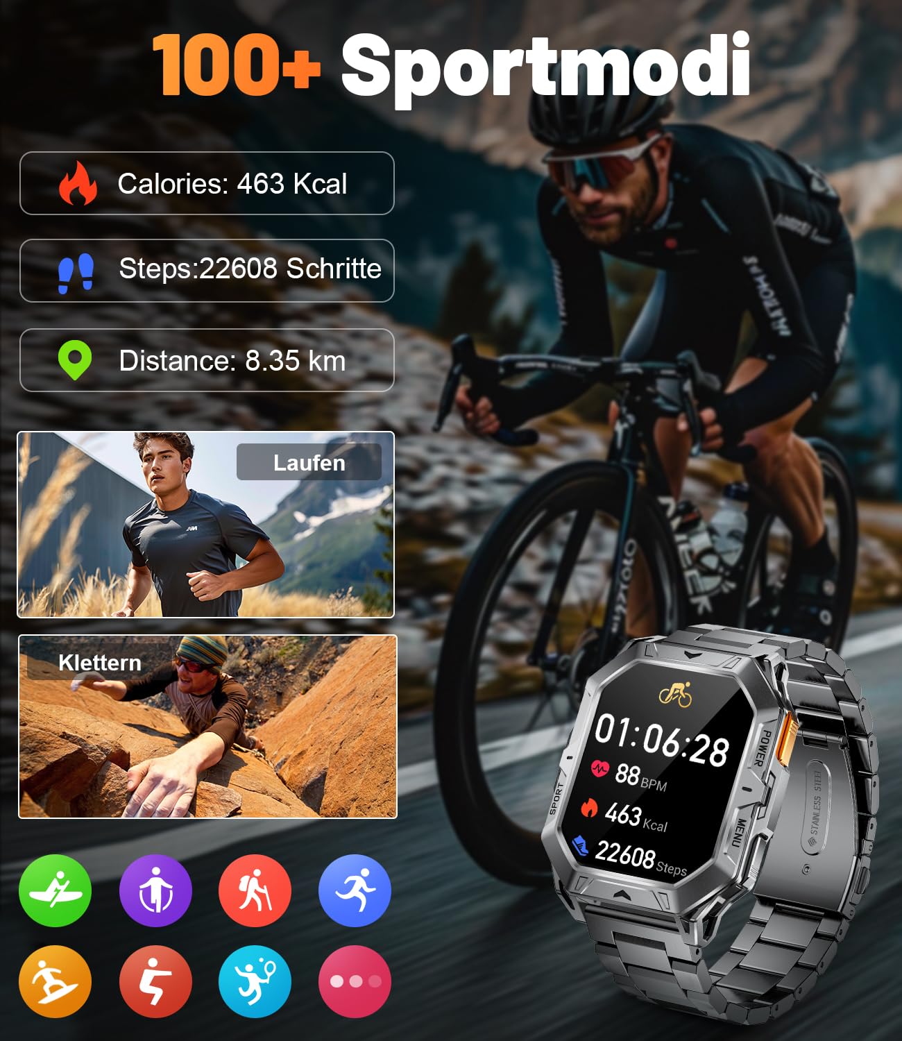 Smartwatch Herren MilitĂ€r, 2.13" AMOLED mit 256 MB,1000mAh Akku, Barometerdruck/ Höhenmesser/Kompass, Smart Watch mit Telefonfunktion, 100+ Sportmodi Fitness-Tracker, 10ATM Wasserdicht fĂŒr Android iOS