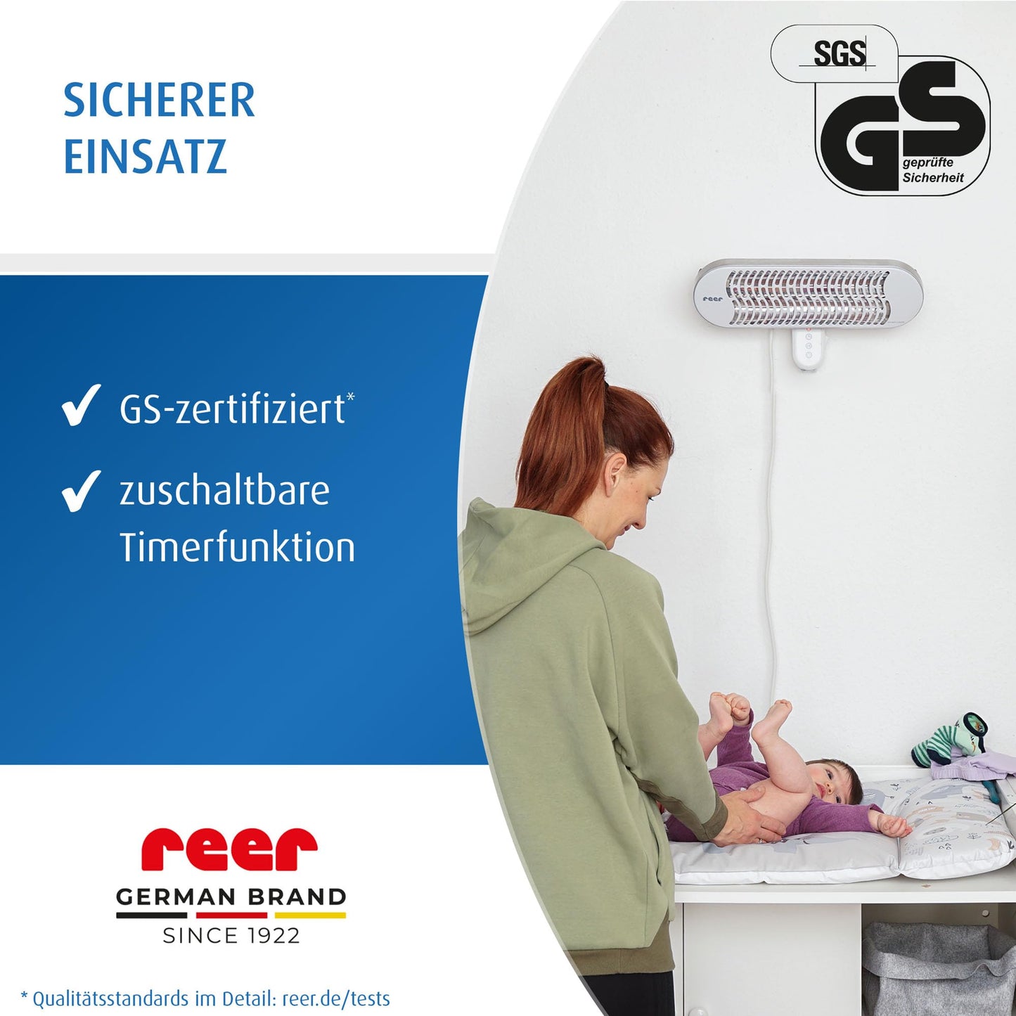 Heizstrahler - Heater for Wall Mounting, 2 Heat Settings, Timer, Medical Standard Tested