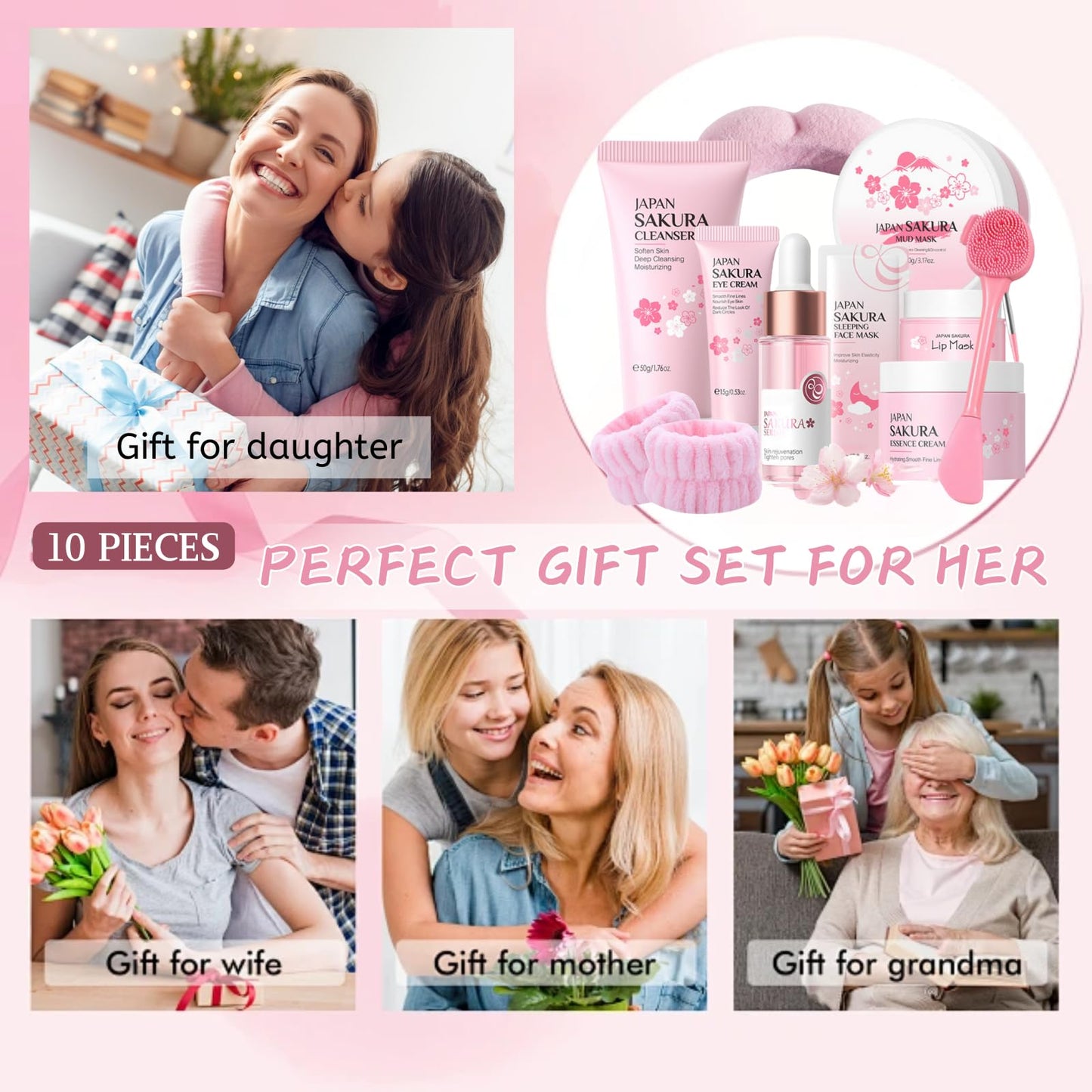 Sakura Skin Care Set Teenager Mädchen Geschenke - Skincare Set 10 Stück - Hautpflege - Anti Aging - Mit Cleanser, Serum