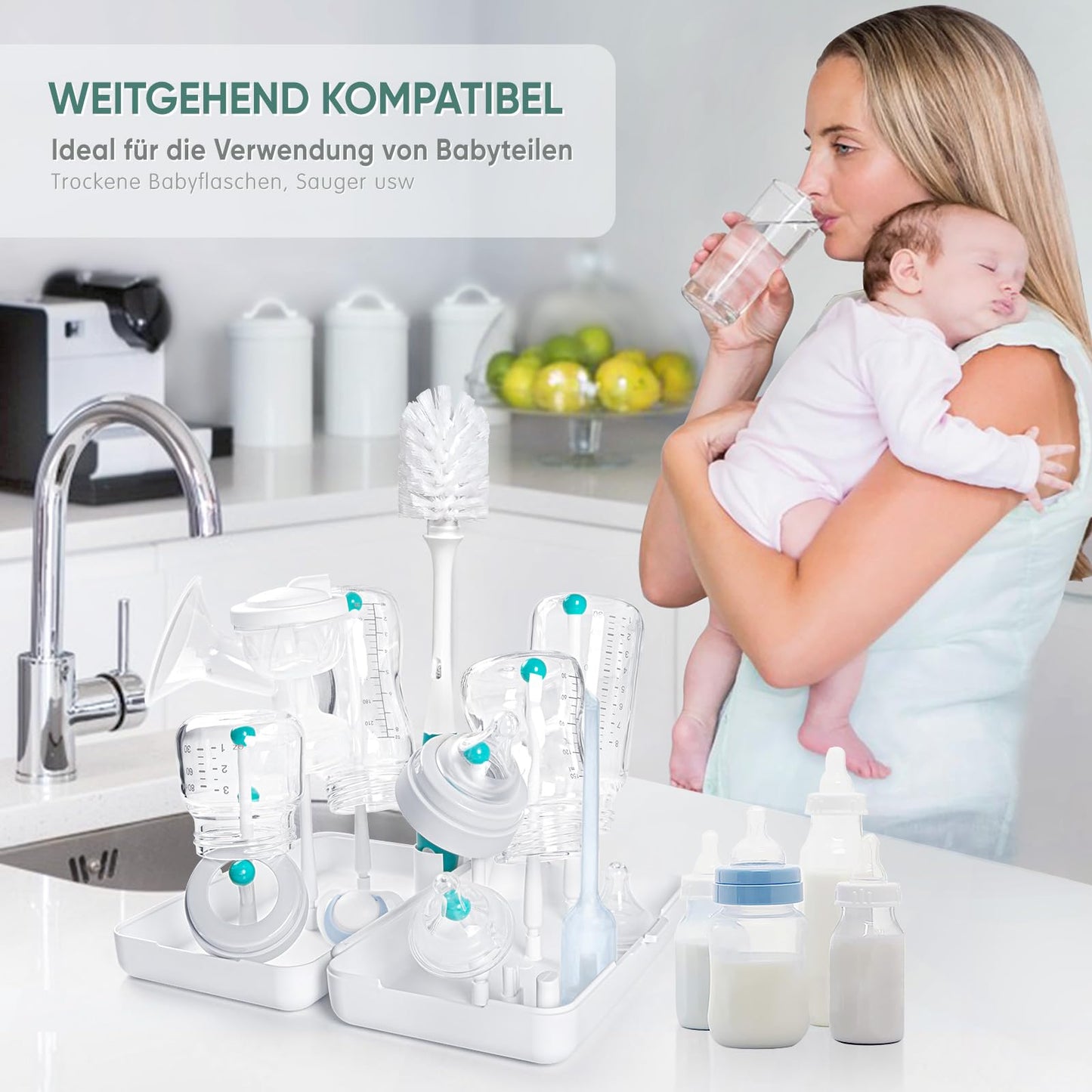 Trockenständer Babyflaschen, Abtropfgestell für Babyflaschen, Flaschen, grauSaugern