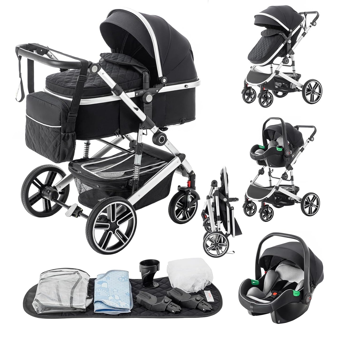 3-in-1 Pram Set with Seat, Baby Bed is Foldable, Adjustable Reclining Position,up to 15 kg, 0-3 Years