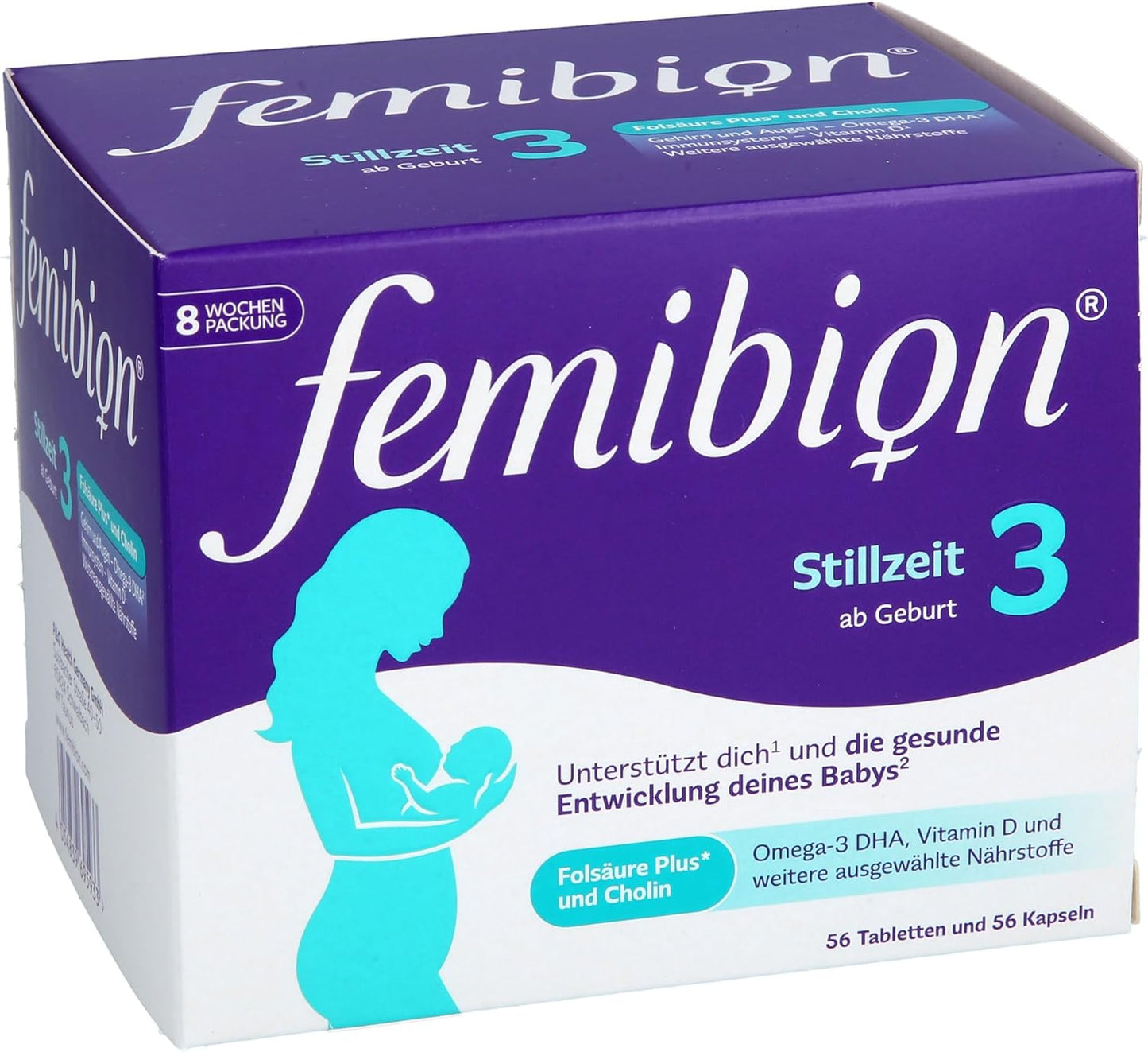 Femibion 3 Stillzeit, Tägliches Nahrungsergänzung für die Laktation, Mit Cholin, DHA, Folsäure, Metafolin, 8-Wochen-Pack, 2 x 56 Stück