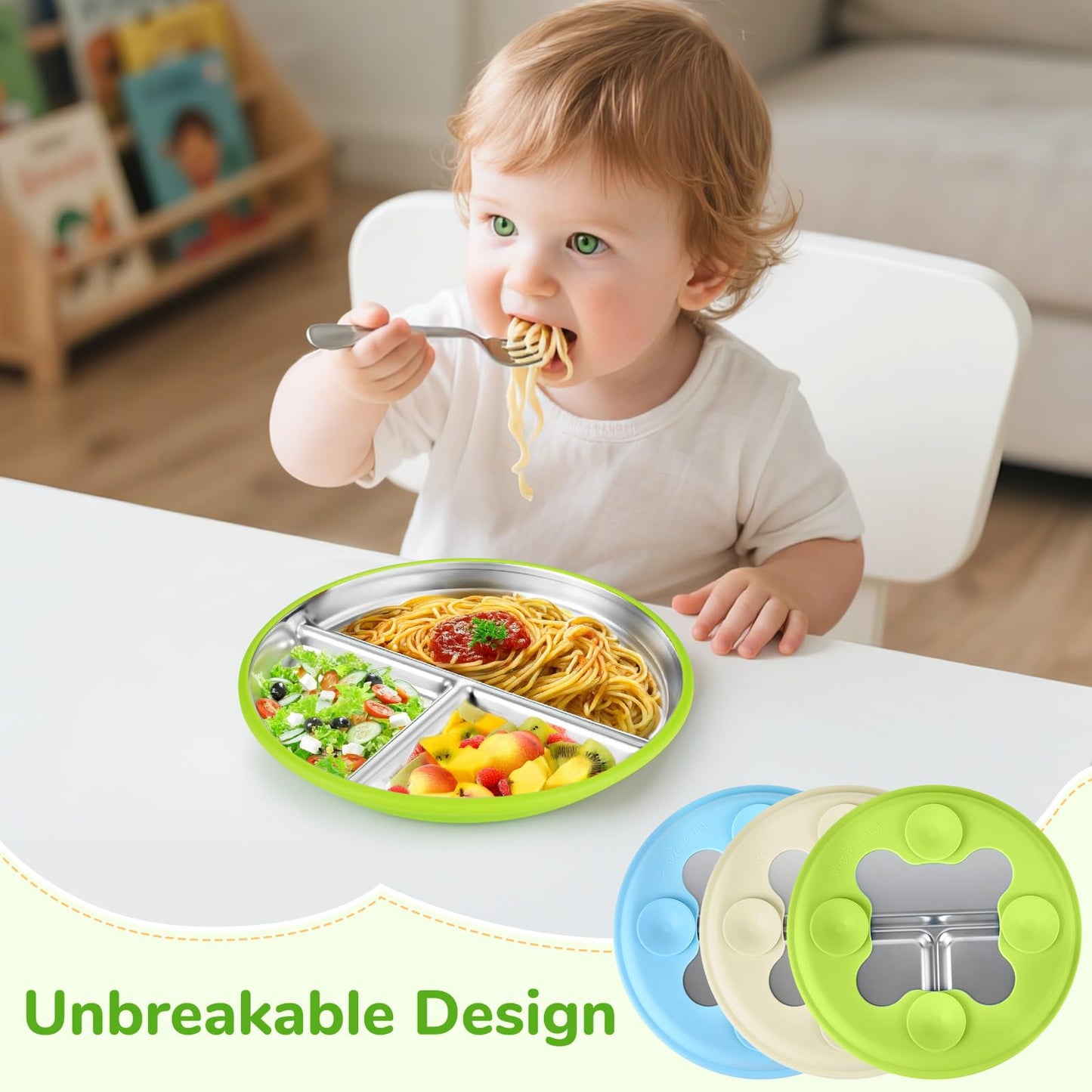 Geschirr Set 6 x Stainless Steel Baby Plates with Suction Cup, 2 Porridge Bowls Baby Bowl and 2 Spoon Forks