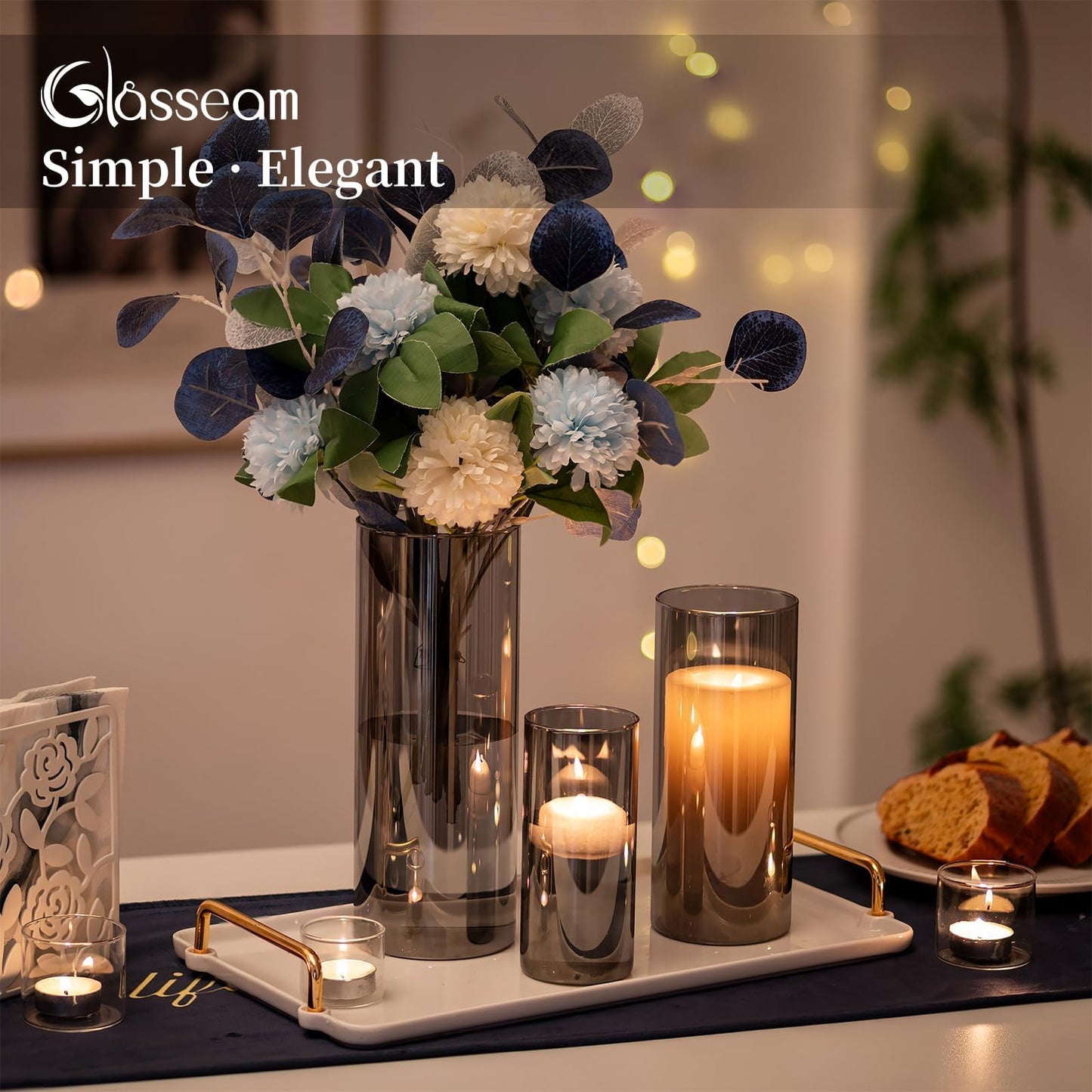 Glasseam Glass Vase Cylinder Vase Grey: Set of 3 Glass Vases Set for Living Room Decorative Glass Cylinder Lantern - Round Flower Vase Modern Glass Vases for Table Decoration Tulips Pampas Grass