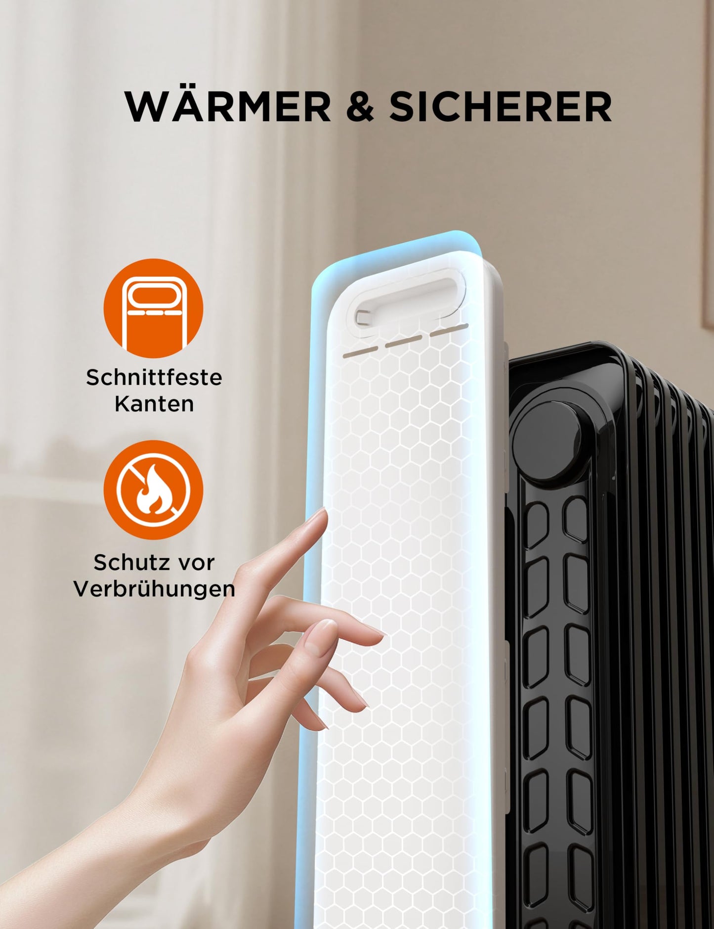 2300W 11 Rippen tragbarer Elektroheizer mit Drehknopfregelung und einstellbarem Thermostat, 3 Heizstufen, Kipp- und Überhitzungsschutz, ultra-leise im Büro & Zuhause