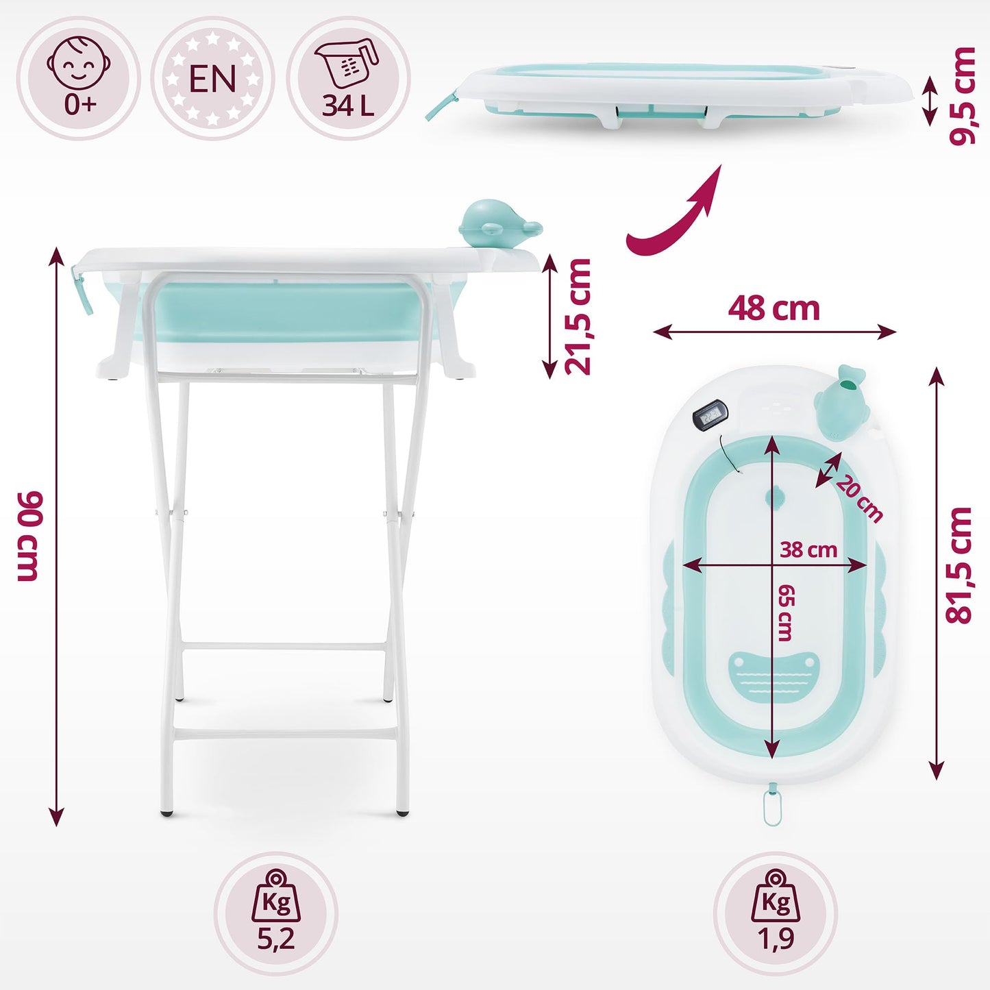 Moby-System Foldable Baby Bathtub with Insert, LCD Thermometer & Frame - Secure Hold from Birth, Ergonomic