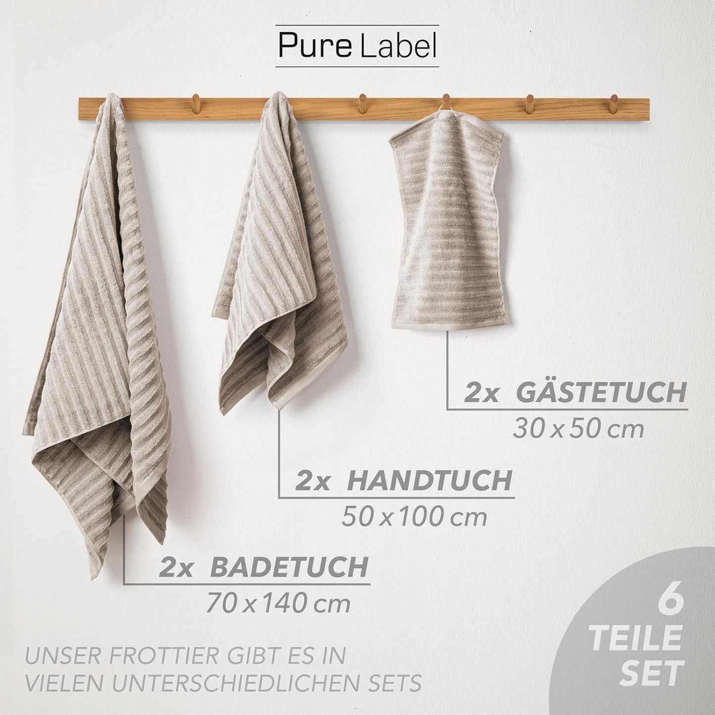 Pure Label 6-Piece Hand Towel Set with Hanging Loops Made of 100% Cotton, Absorbent and Soft, 2 x Bath Towels (70 x 140 cm), 2 x Hand Towels (50 x 100 cm), 2 x Guest Towels (30 x 50 cm),