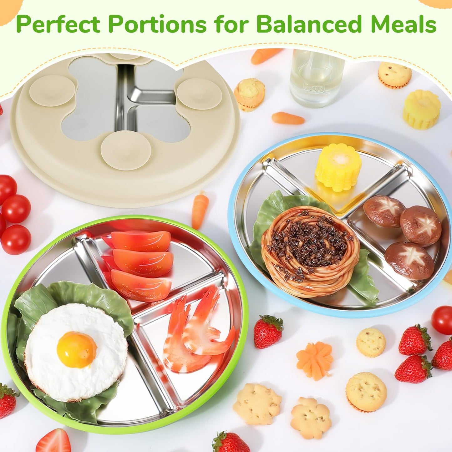 Geschirr Set 6 x Stainless Steel Baby Plates with Suction Cup, 2 Porridge Bowls Baby Bowl and 2 Spoon Forks