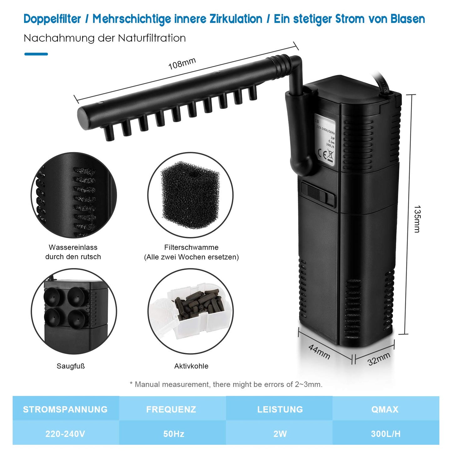Aquarium Pumpe Filterpumpe Aquarium Innenfilter Aquariumpumpe 300L/h 2Watt