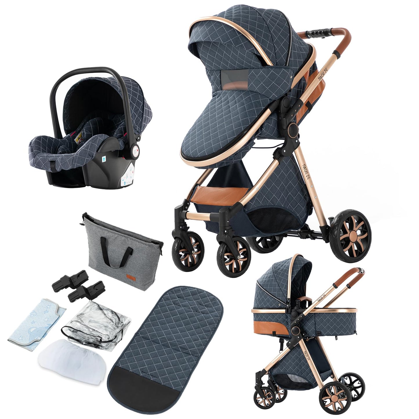 Reenborn 3-in-1 Pushchair, Buggy with Two Reversible Sliding Modes, Pushchair with Frame Aluminium Alloy, Baby Pram, 3-in-1 Complete Set with One-Click Folding Design