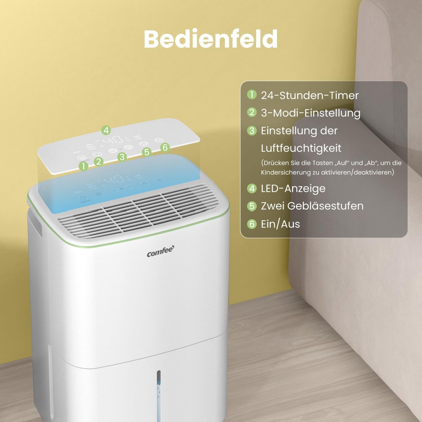 Luftentfeuchter, Dehumidifier 10 L/24 hr, Room Size Approx. 50 m³ (20 m²), LED Display