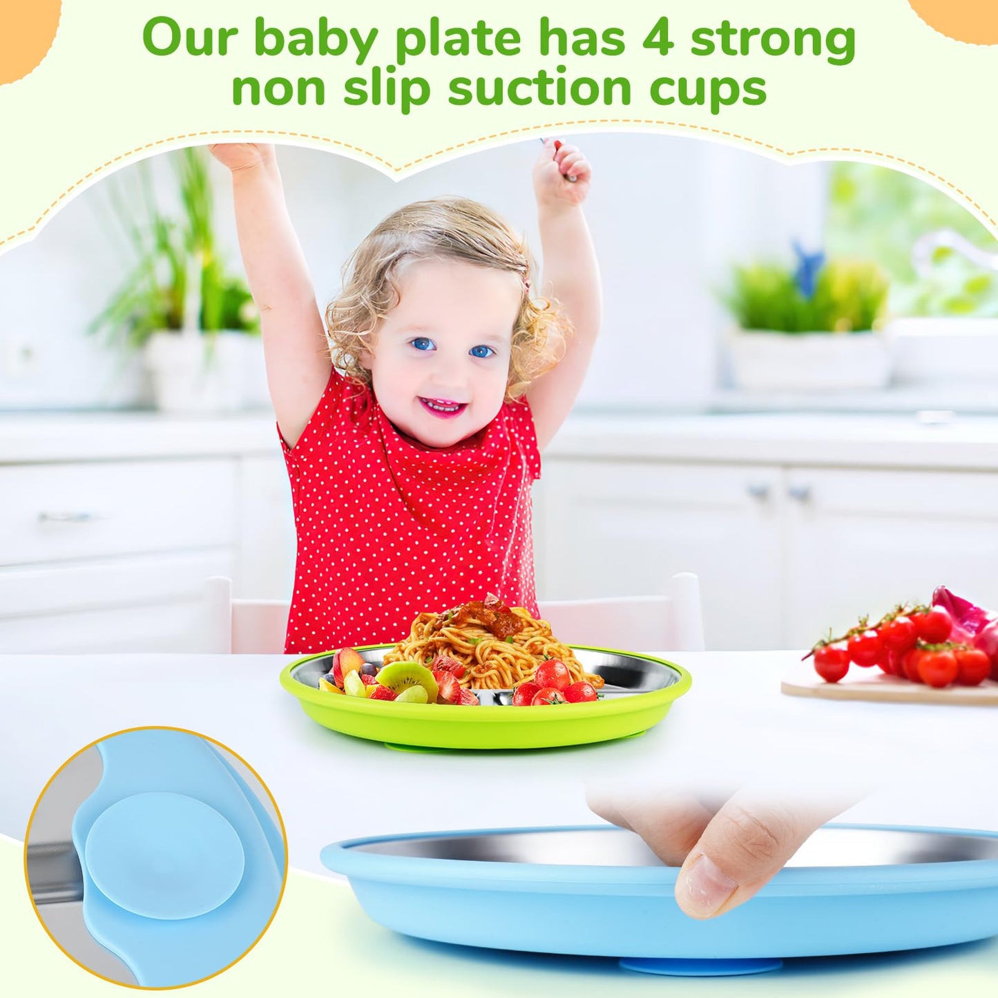 Geschirr Set 6 x Stainless Steel Baby Plates with Suction Cup, 2 Porridge Bowls Baby Bowl and 2 Spoon Forks